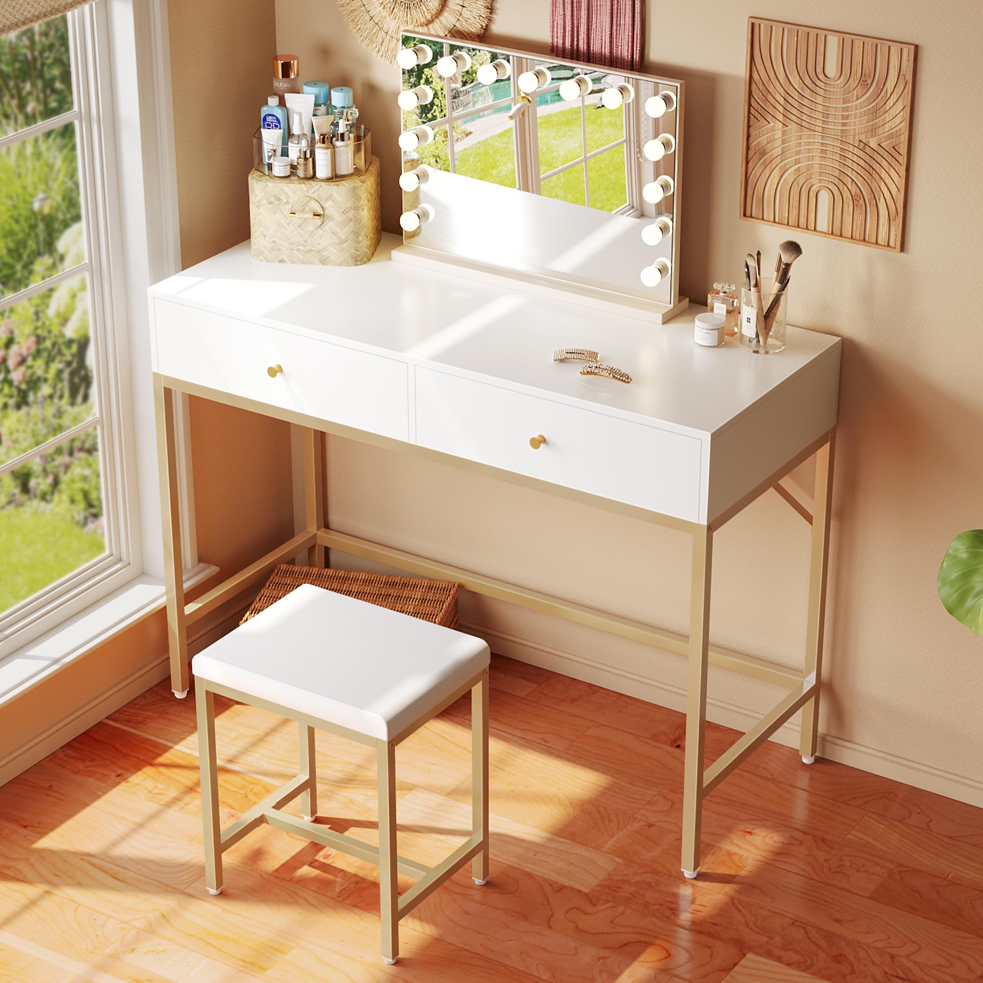 SUPERJARE 35.4 Inch White and Gold Modern Vanity Desk with 2 Drawers & Padded Stool - Elegant Makeup Dressing Table, Compact Computer Desk for Home Office, Study, Bedroom | Perfect for Small Spaces, Makeup Application, Remote Work & Study Sessions