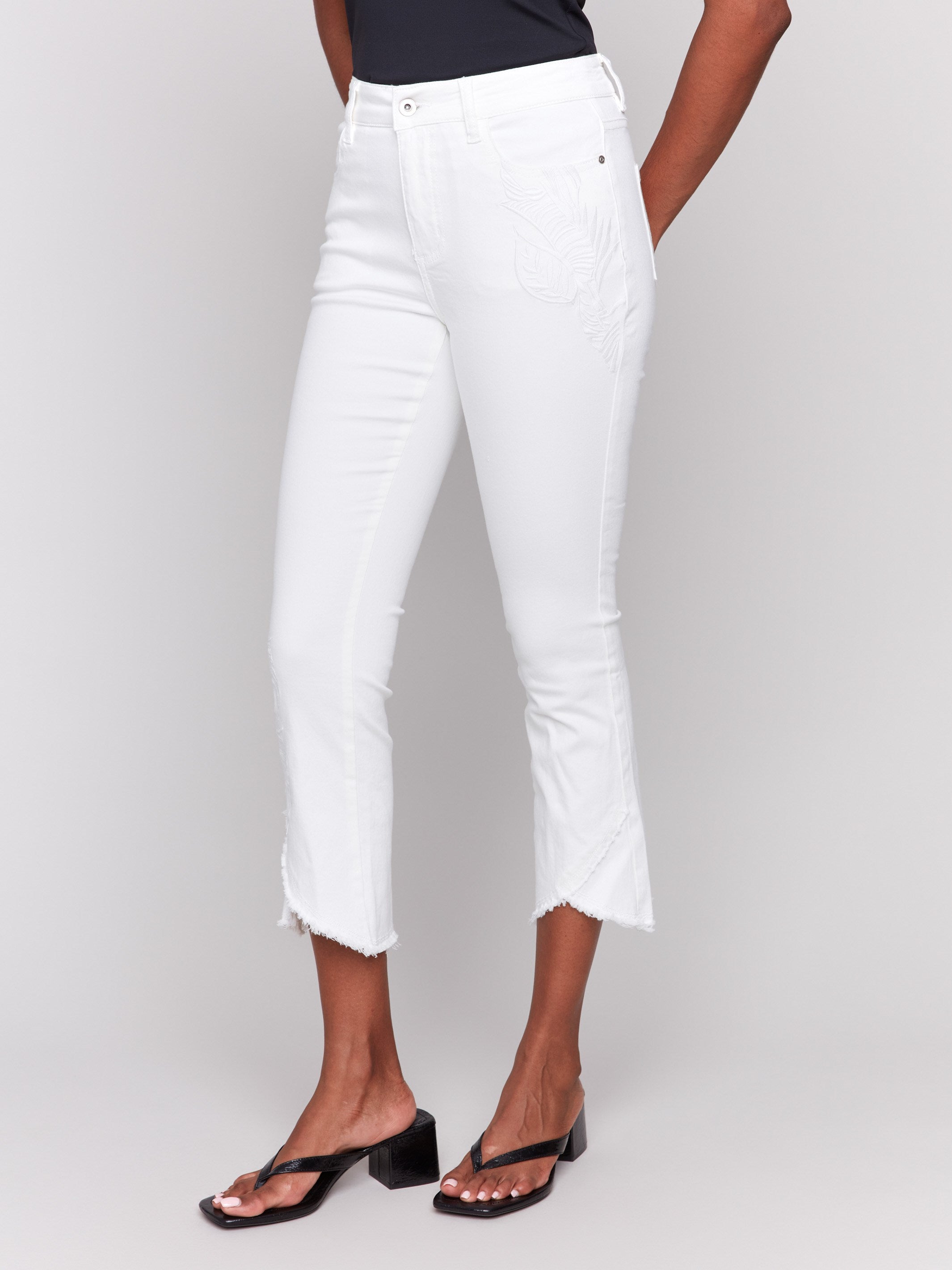 Embroidered Bootcut Twill Pants with Tulip Hem - Women's Casual White Pants for Work, Office & Everyday Wear | Comfortable Stretch Fabric