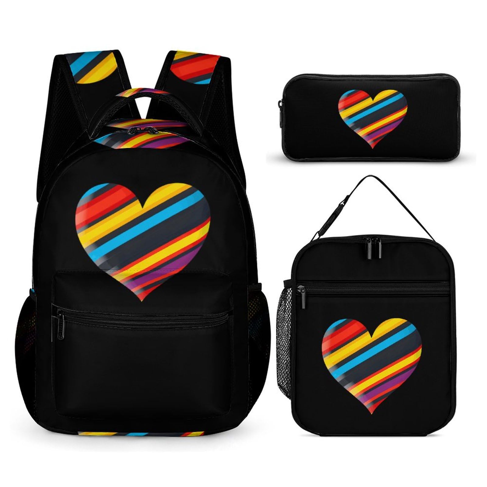 LGBTQ+ Rainbow Heart Print 3-Piece Backpack Set - Laptop Backpack, Lunch Bag & Pencil Case for School, Work & Pride Events | Water-Resistant & Durable
