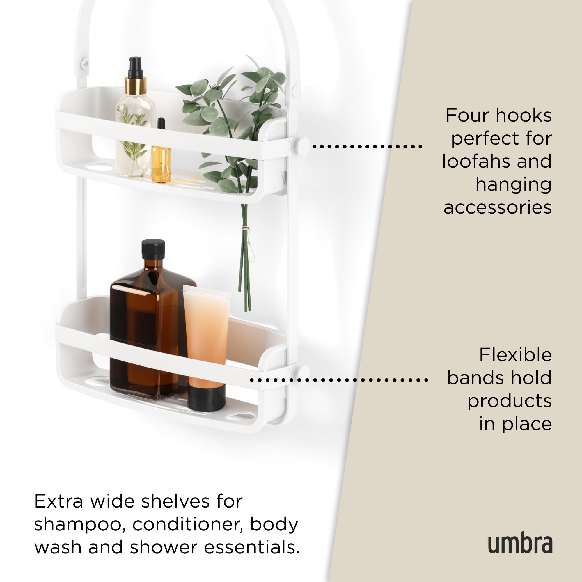 Umbra Flex Hanging Shower Caddy - Rustproof Bathroom Organizer with Adjustable Shelves for Shampoo, Soap & Beauty Products - Perfect for Small Bathrooms & Bathtub Storage (White)
