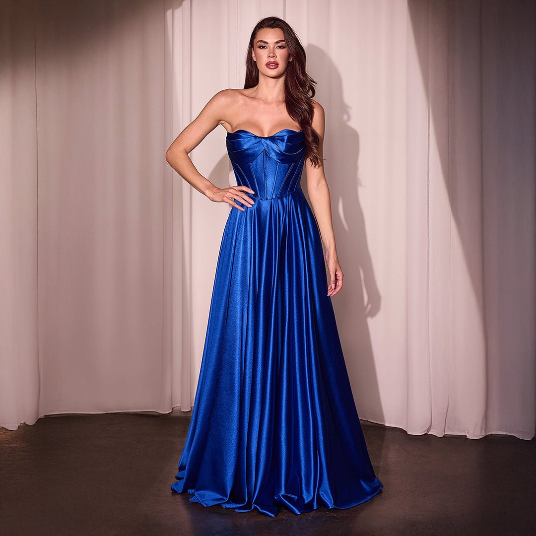 Ladivine by Cinderella Divine Royal Blue Satin Strapless A-Line Prom Dress with Thigh High Slit - Perfect for Homecoming, Formal Dances & Special Occasions