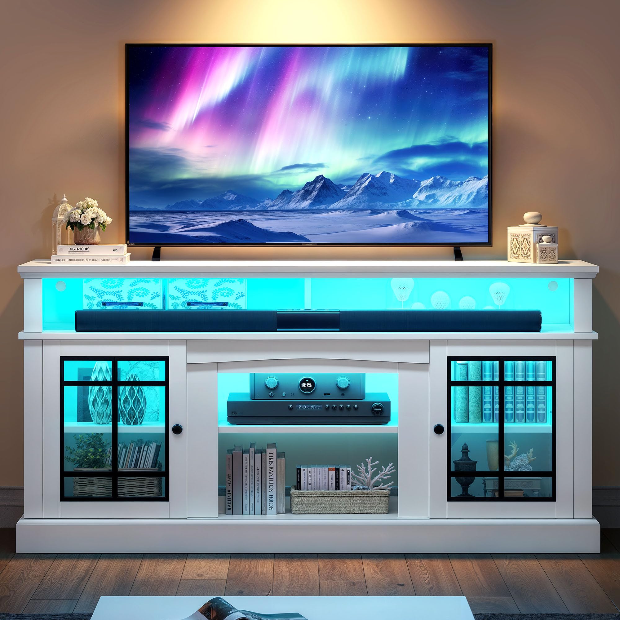 Modern White TV Stand for 75 Inch TVs - Adjustable Shelves & Glass Doors LED Entertainment Center, 32