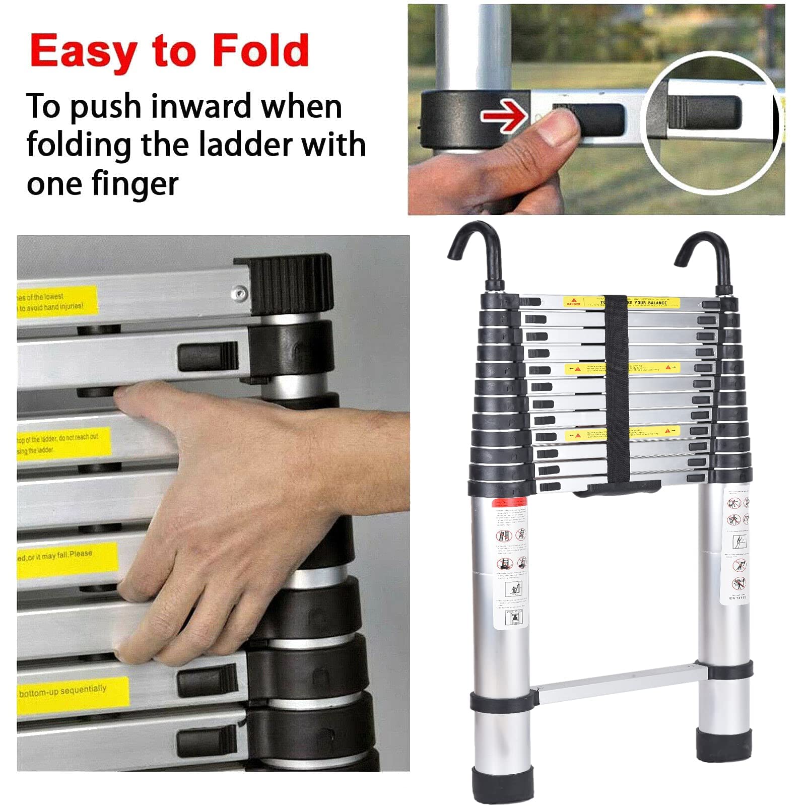 16.4ft Aluminum Telescoping Ladder - EN131 Certified Extension Ladder with 2 Detachable Hooks | 330lbs Max Load | Lightweight & Compact Folding Ladder for Roof Access, Ceiling Work, Home Maintenance, and Outdoor Projects