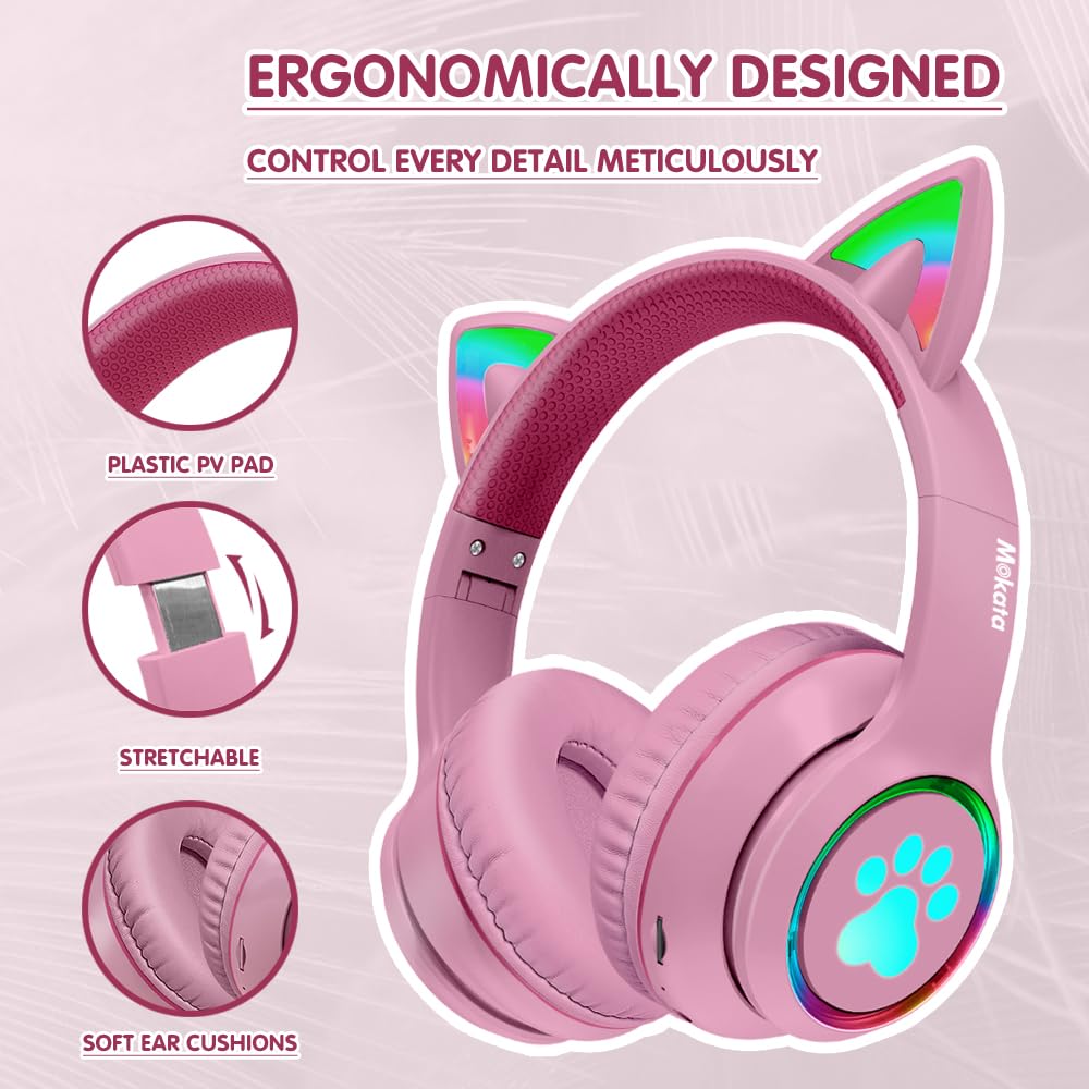 Wireless Bluetooth 5.3 Cat Ear Headphones with LED Lights - 60H Playtime, Foldable Over-Ear Gaming Headset with Mic & 3.5mm Aux - Compatible with PC, TV, Tablet, Laptop, Smartphone - Perfect for Gaming, Music, Work & Travel (Pink)