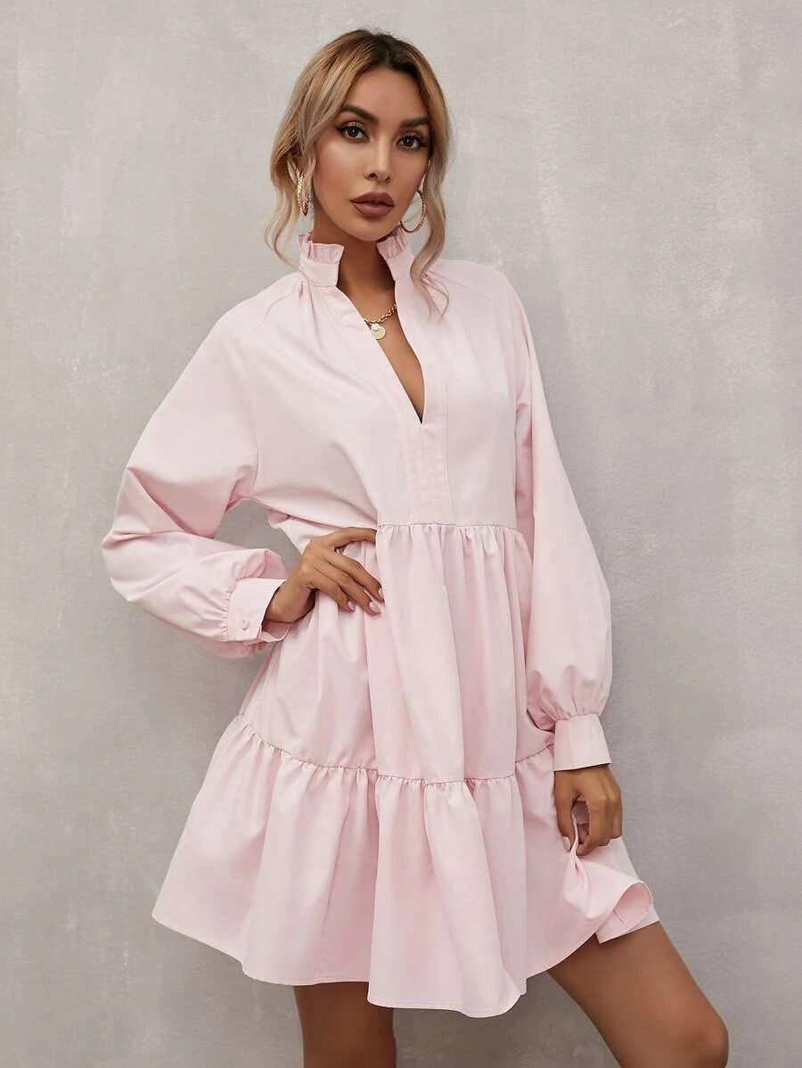 Women's Midi Fall Dress Long Sleeve V-Neck High Waist Ruffle Tiered Flowy Dress for Autumn | Casual Office Wear & Date Night Outfits