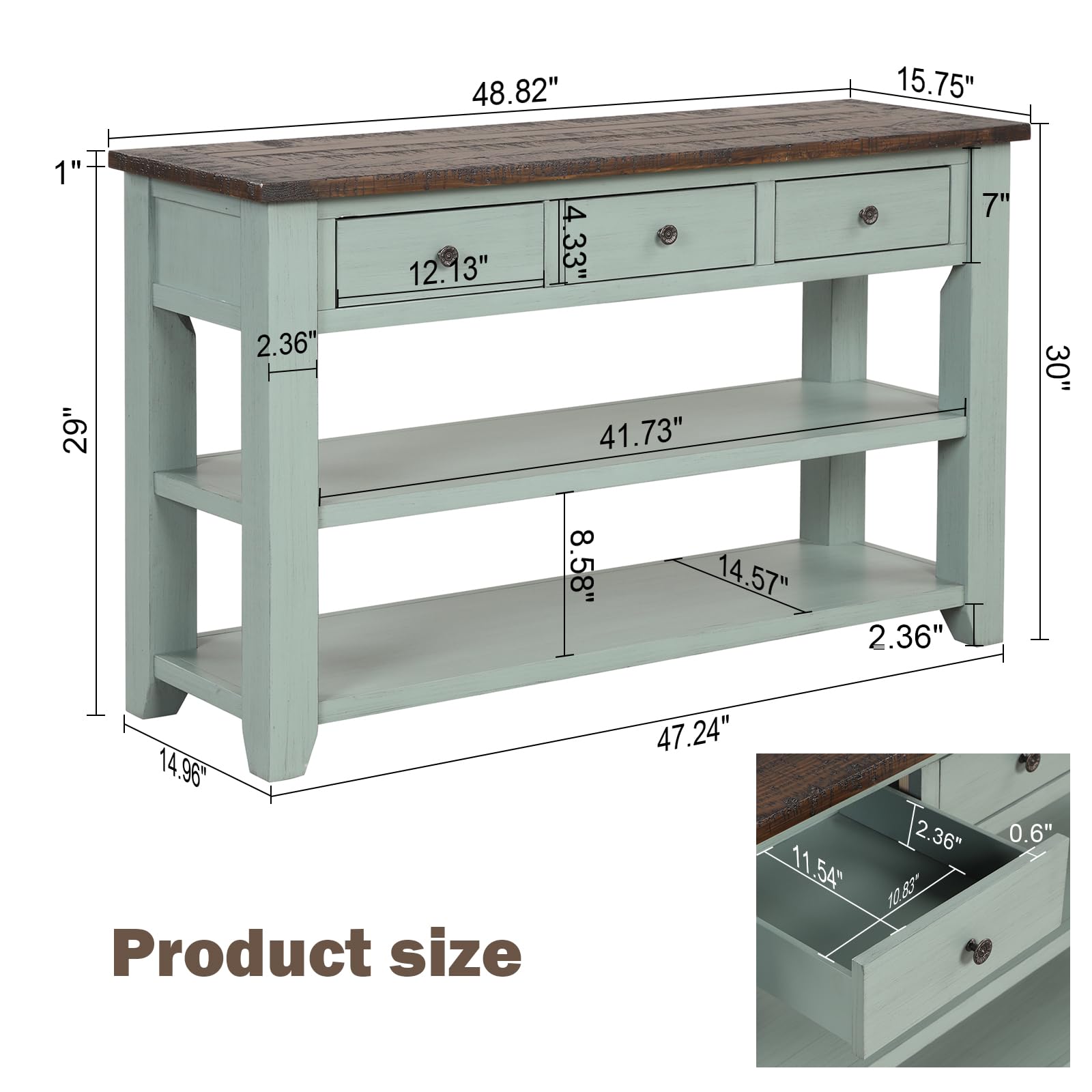INMOZATA 48 Inch Farmhouse Console Sofa Table with Storage - 3 Drawers & 2 Shelves, Entryway Table for Hallway, Living Room - Rustic Green Home Decor (Perfect for Small Space Organization & Entryway Storage)