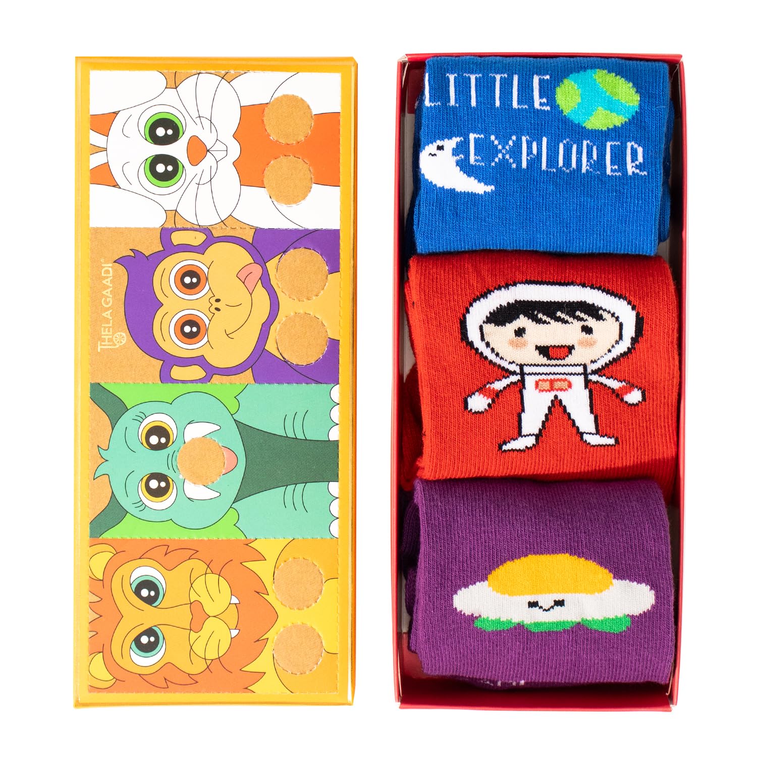 THELA GAADI Space Explorer Socks for Kids - 3 Pack Cotton Crew Socks | Fun Galaxy Print Unisex Socks for Boys & Girls | Breathable, Odor-Free | Perfect for School, Play & Everyday Wear