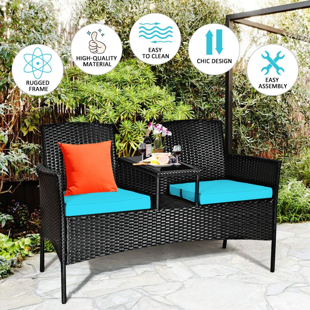 Relax4Life Outdoor Rattan Wicker Loveseat Set with Coffee Table & Removable Cushions - Patio, Garden, Balcony, Porch Furniture for Relaxing & Entertaining (Black & Blue) - Perfect for Backyard Lounging, Poolside Chats & Summer Gatherings