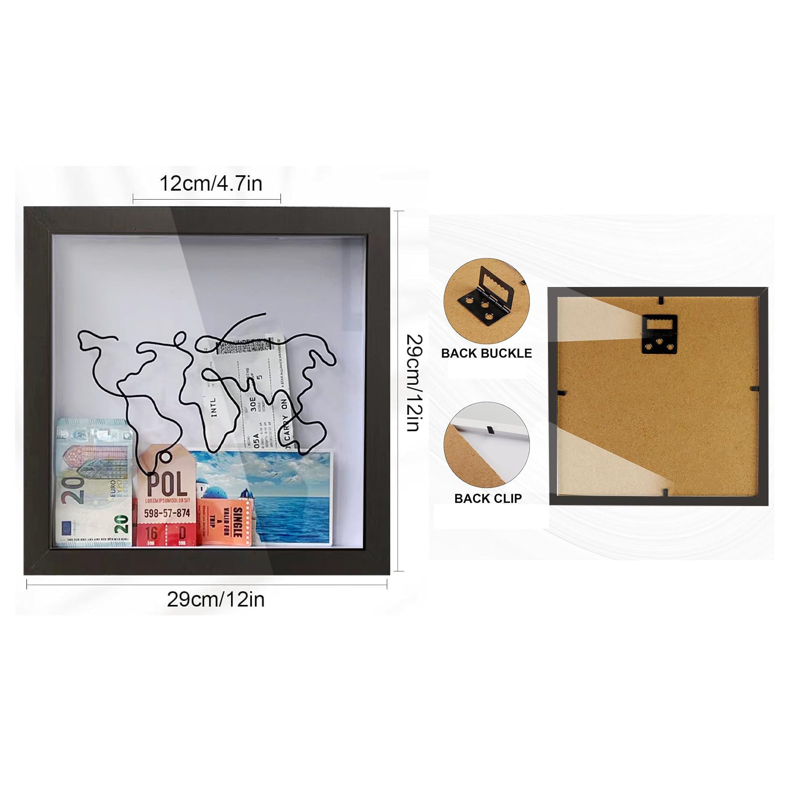 Adventure Archive Box - 12 Inch Black Wooden Travel Shadow Box with Slots, World Map Souvenir Organizer & Keepsake Display Frame - Perfect for Travel Memories, Ticket Stubs, Postcards & Vacation Mementos