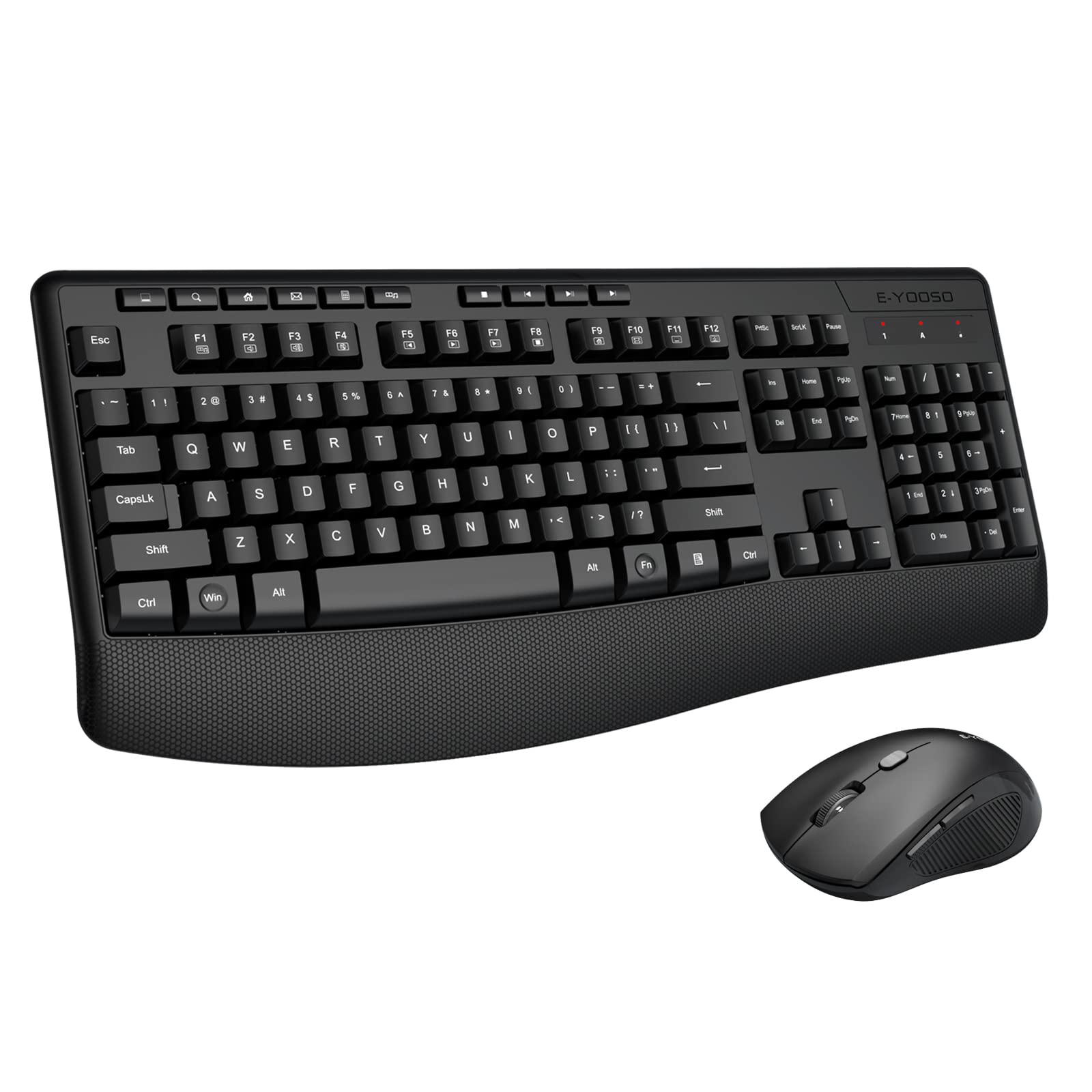 E-YOOSO 2.4GHz Wireless Keyboard and Mouse Combo - Ergonomic Full-Size Keyboard with Wrist Rest & 6-Button Cordless Mouse (3 DPI Adjustable) for PC, Laptop, Windows - Perfect for Office Work, Gaming, and Home Computing (Black)