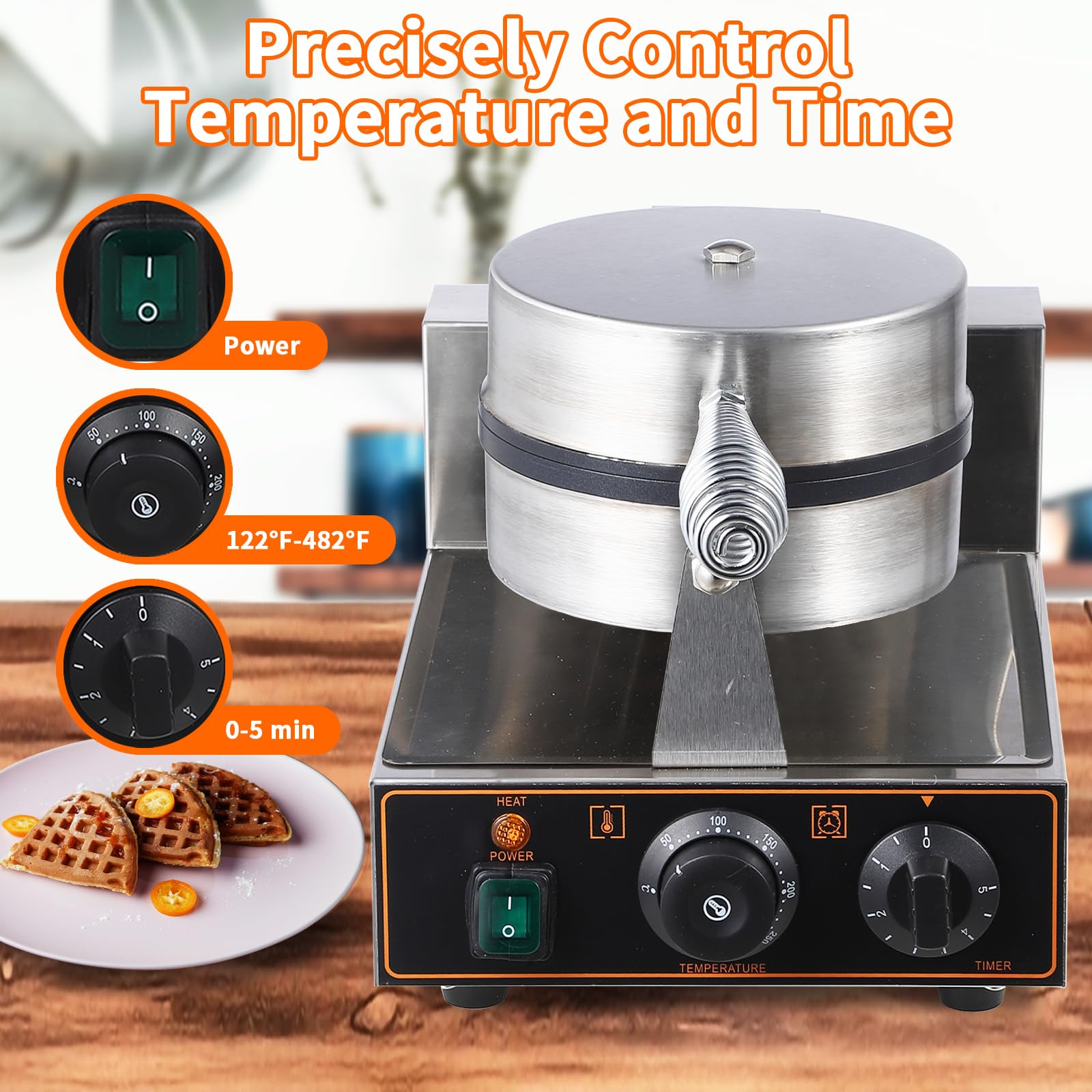 Litake 1200W Commercial Waffle Cone Maker - Stainless Steel Electric Ice Cream Cone Machine with 8.3” Non-Stick Baking Plate, Adjustable Temperature & Timer - Perfect for Restaurants, Cafes, Ice Cream Shops & Home Bakeries