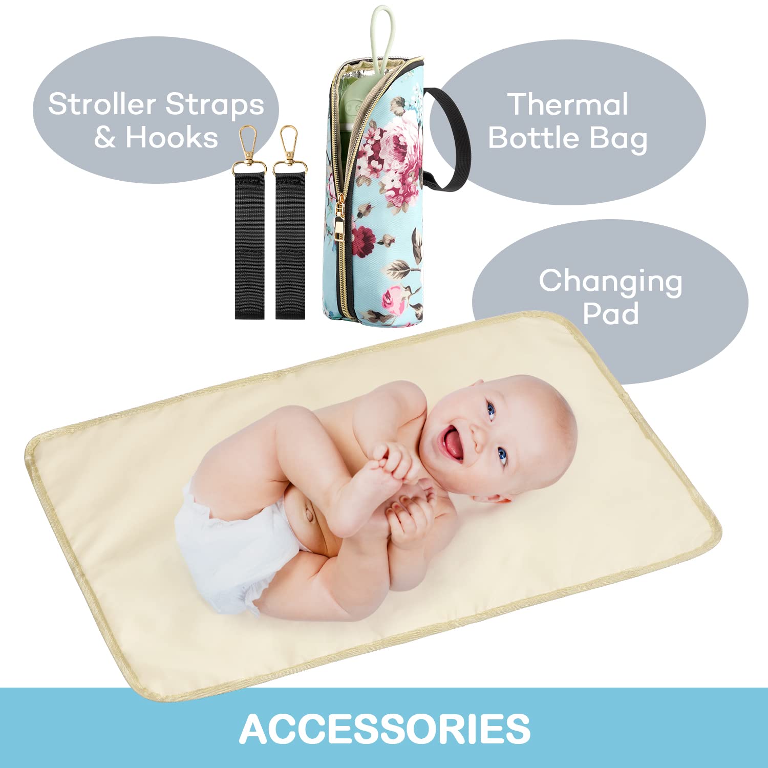 **LitBear Large Waterproof Diaper Backpack for Baby Girls - Insulated Multifunctional Travel Maternity Bag with Diaper Pad & Bottle Pockets, Floral Design (Rose Flower) - Perfect for Daycare, Travel & Outings**