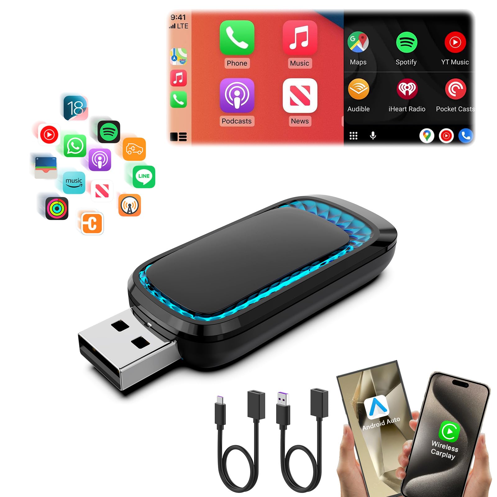 Wireless Android Auto & CarPlay Adapter - Mini USB Dongle Converts Wired to Wireless for iOS 10+/Android 11+ - Plug & Play for Seamless In-Car Connectivity - Perfect for Commuting, Road Trips & Hands-Free Navigation