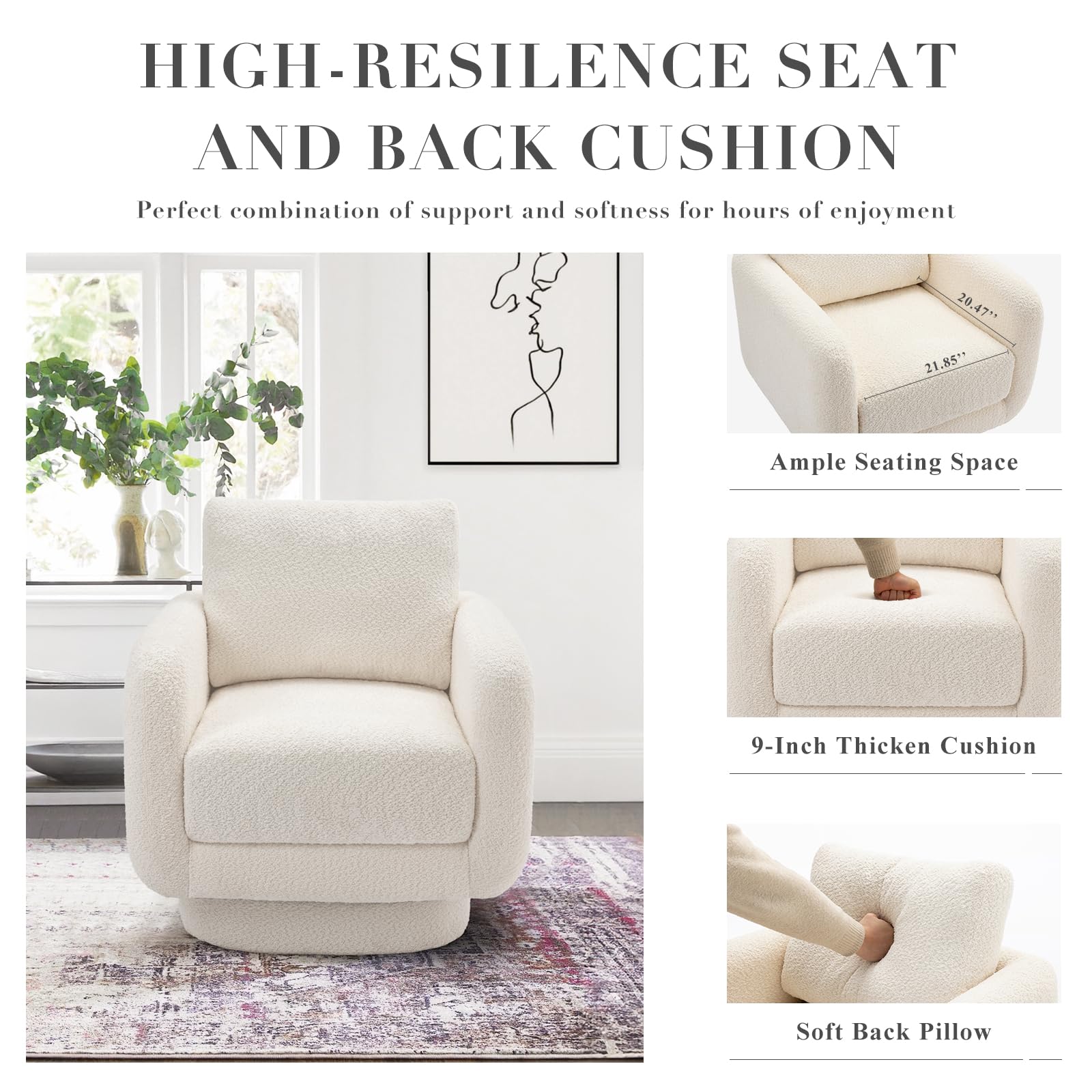 COLAMY 32-Inch Wide Swivel Accent Chair with Plush Back Pillow - Modern Upholstered Armchair for Living Room, Nursery & Bedroom - White | Perfect for Small Spaces, Reading Nooks & Cozy Corners