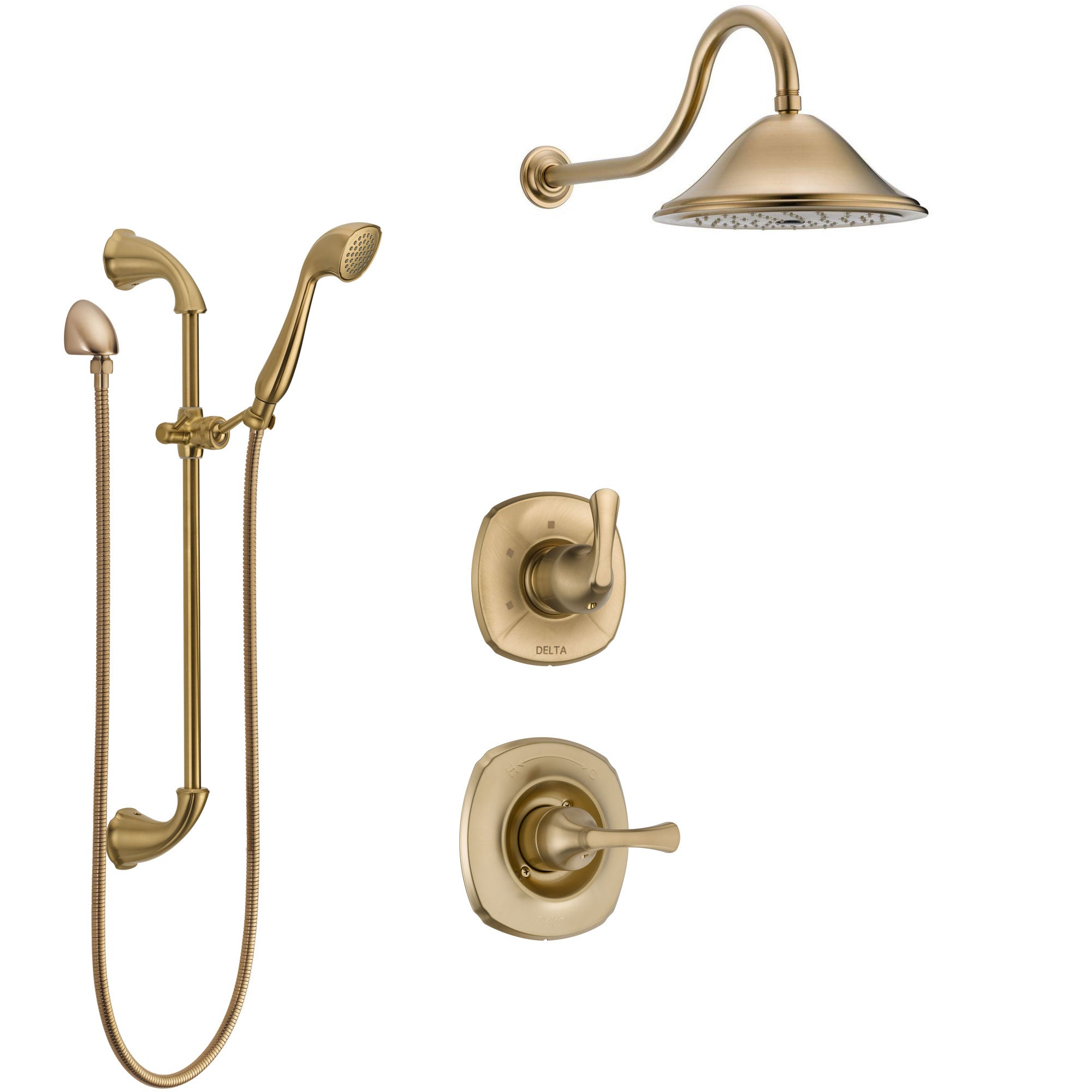 Delta Addison Champagne Bronze Finish Shower System with Control Handle, 3-Setting Diverter, Showerhead & Hand Shower with Slide Bar - SS1492CZ6 | Bathroom Upgrade for Modern Homes & Luxury Spa Experience