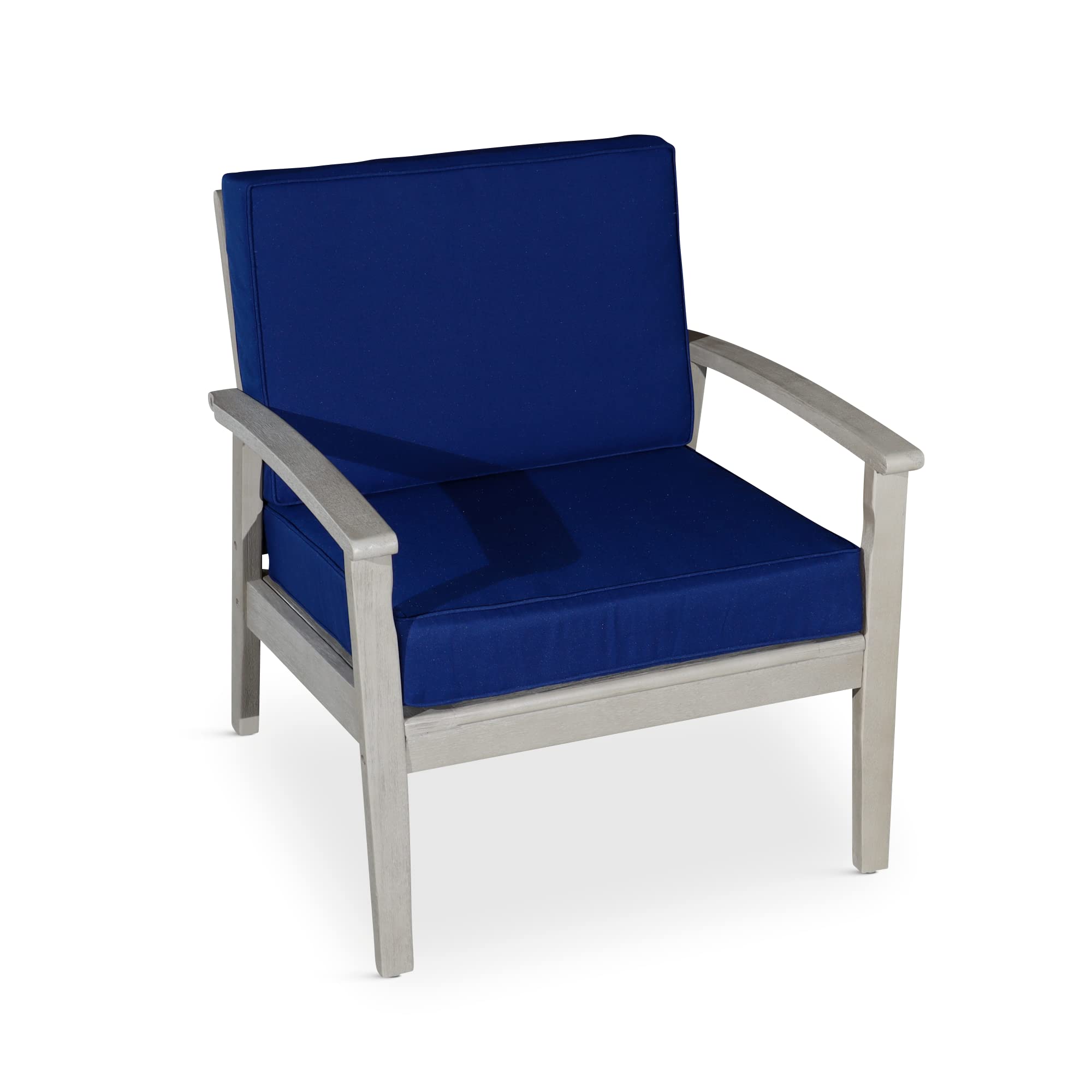 DTY Outdoor Living Longs Peak Deep Seat Eucalyptus Chair - Weather-Resistant Driftwood Gray Finish with Navy Cushions, Perfect for Patio, Garden, Poolside & Backyard Relaxation