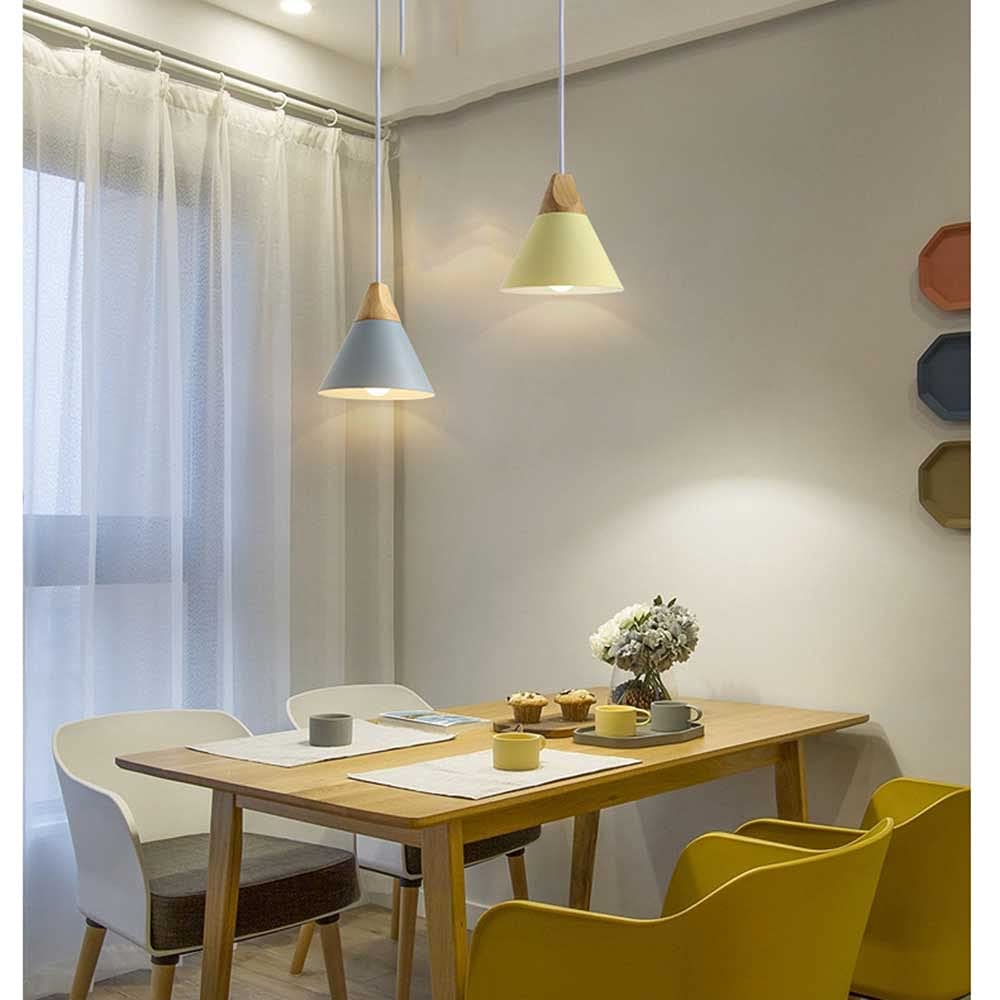 Modern Industrial Metal Kitchen Island Pendant Light - 9 Inch Wood & Macaron Color Hanging Chandelier with E27 Base, Perfect for Restaurants, Bars, and Home Dining Room Lighting