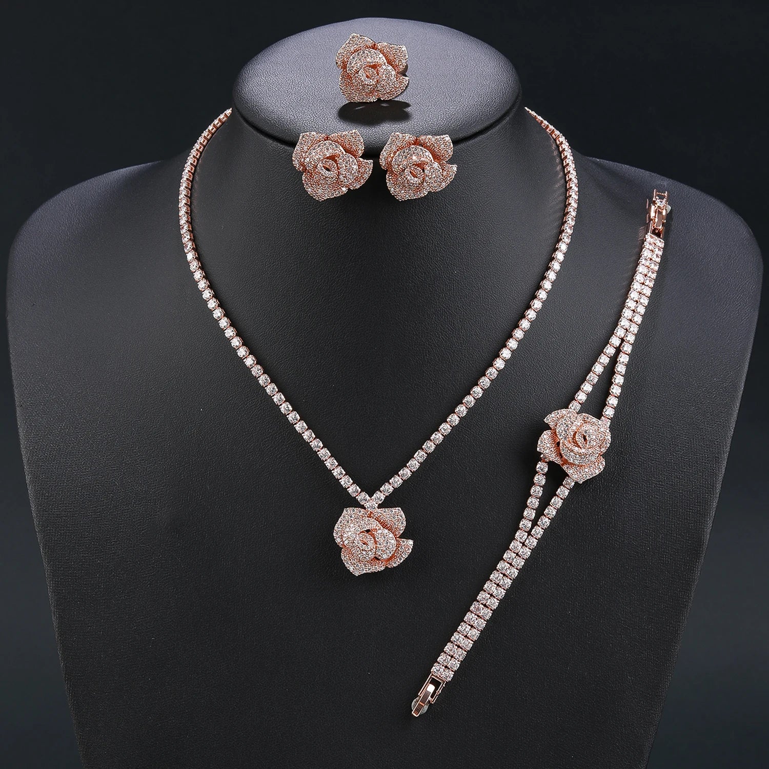 4-Piece Cubic Zirconia Rose Flower Jewelry Set - Pendant Necklace, Earrings, Bracelet & Ring - Bridal Wedding Jewelry for Women - Perfect for Weddings, Anniversaries and Special Occasions