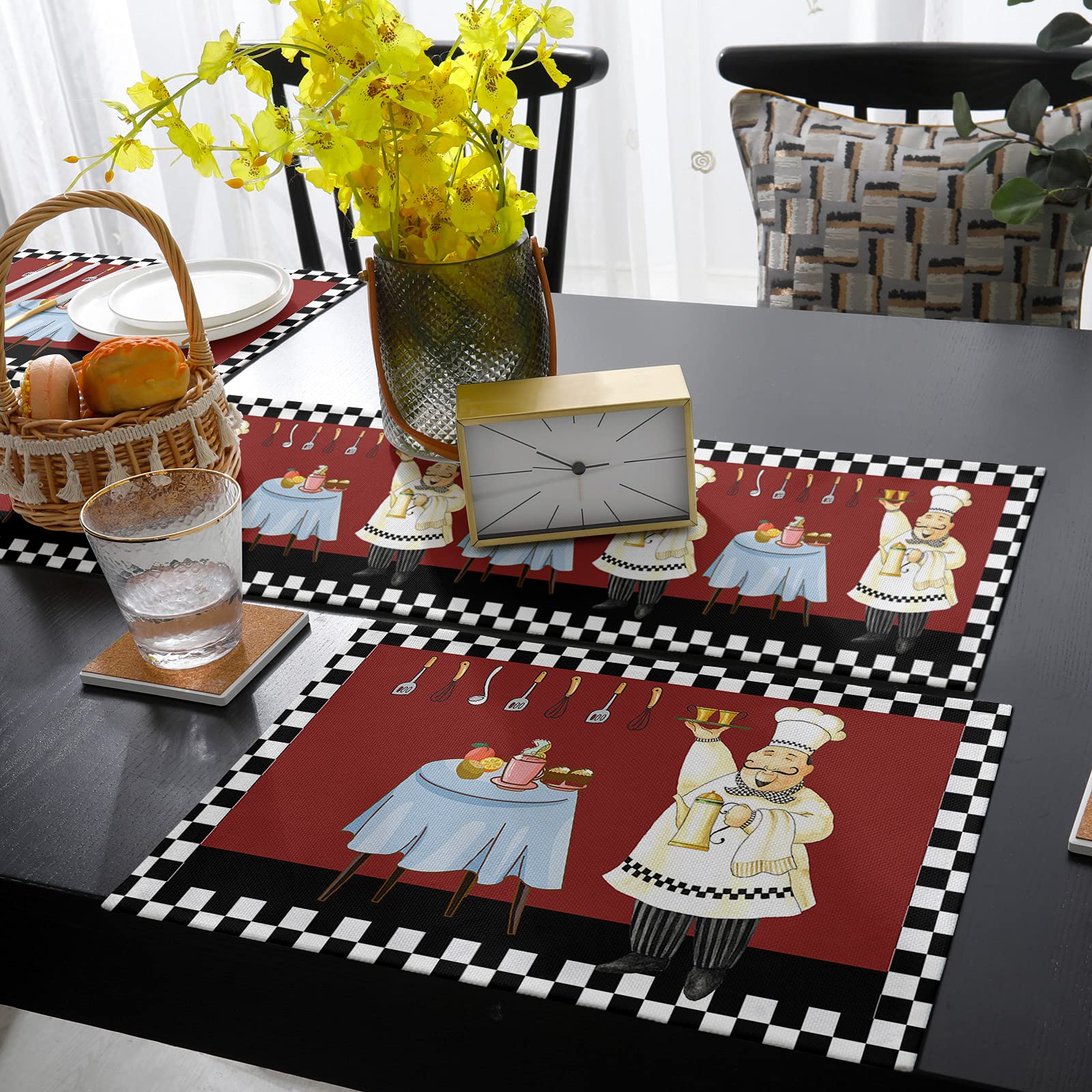 Fat Chef Table Runner and Placemats Set of 6 - Farmhouse Burlap Kitchen Decor for Party, Wedding & Dining - Chef-Themed Table Accessories for Home, Restaurant & Special Events