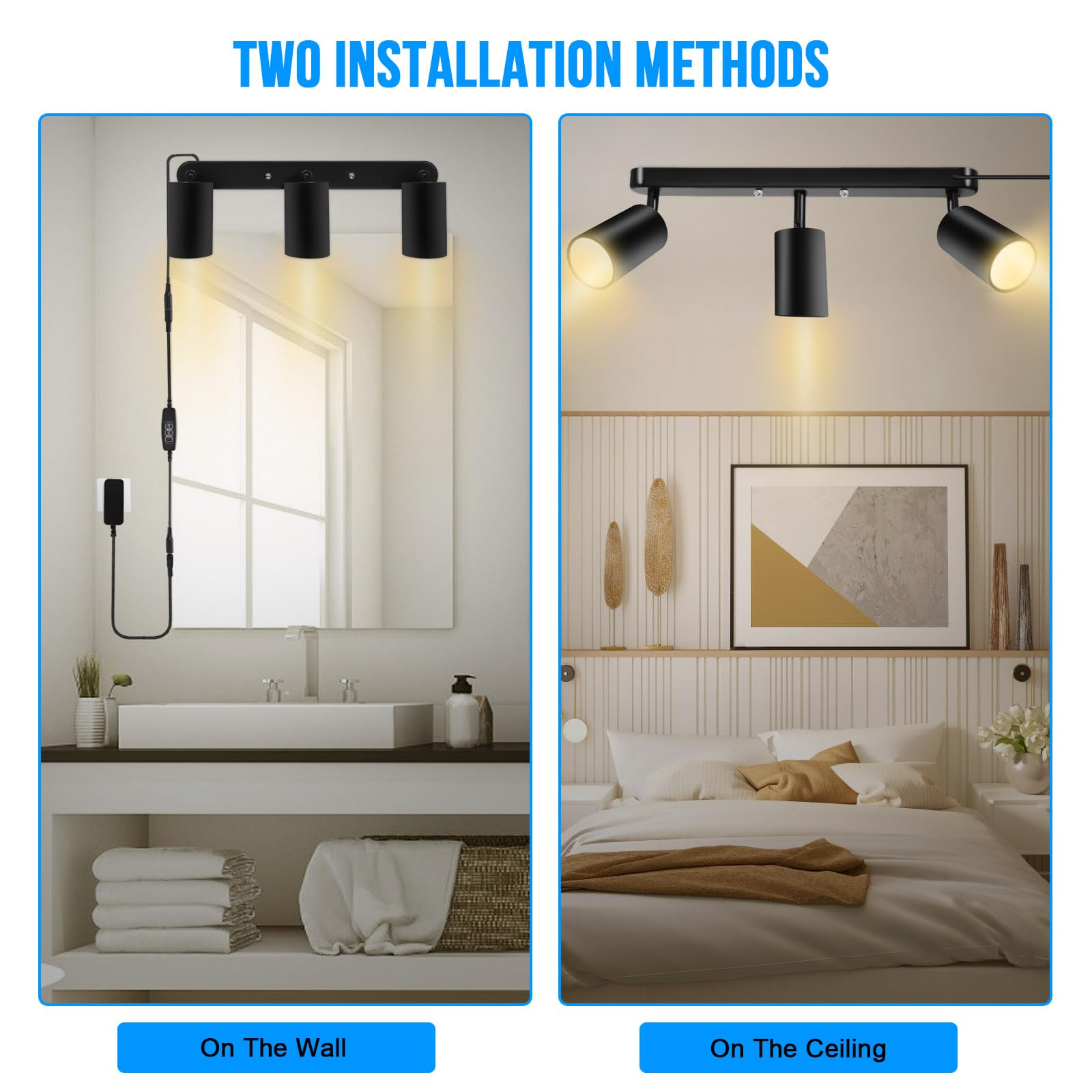 Plug-in Track Lighting Fixture with Power Cord - 15W 3000K Wall Spotlight with 3 Adjustable Heads for Kitchen, Cabinet, Gallery, Bar & Living Room - Flexible Rotatable Ceiling Lights (Black) - Perfect for Accent Lighting and Home Decor