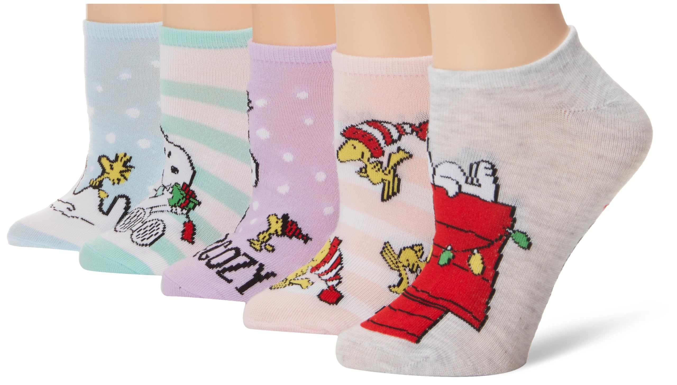 Peanuts Women's Snoopy Holiday 5-Pack No-Show Socks - Cute Cartoon Ankle Socks for Christmas Gifts, Daily Wear & Sneaker Outfits