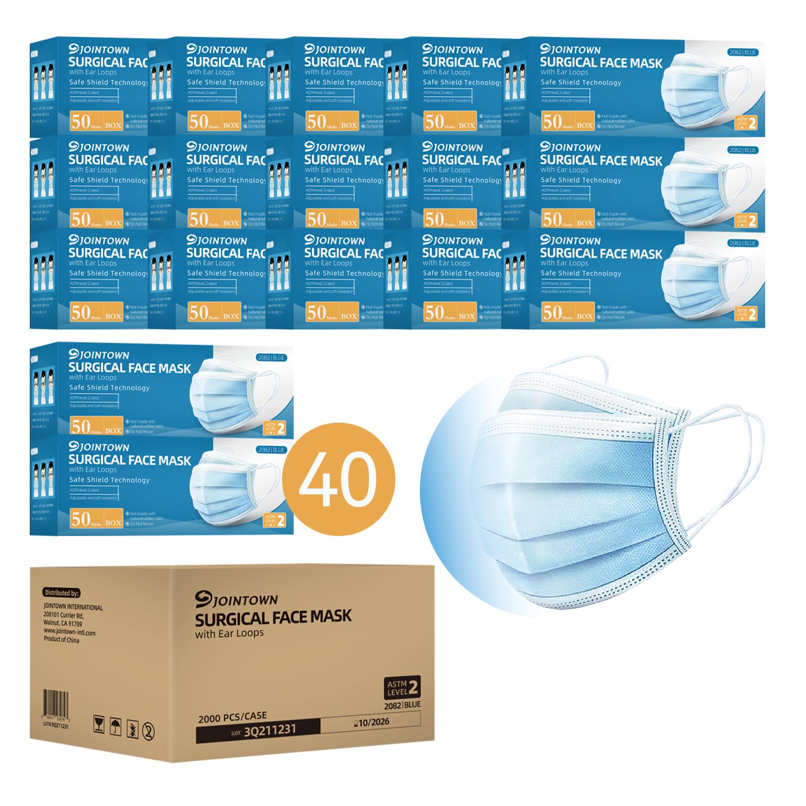 Jointown Disposable Face Masks - ASTM Level 2 Surgical Masks, 3-Ply Protection with Comfortable Elastic Earloop (2000 Pack, Blue) - Ideal for Hospitals, Schools, Offices & Public Safety