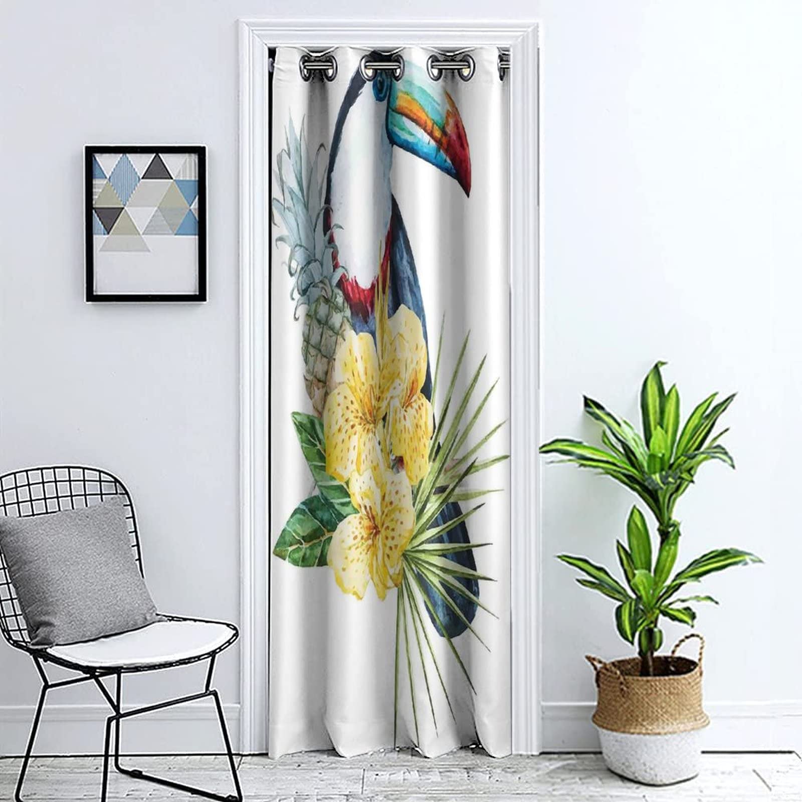 Tropical Animal Print Door Curtain - Toucan Bird & Exotic Hibiscus Orchids Design, 42x80 Inch Single Panel Grommet Window Curtain for Doorway Privacy & Room Decor - Perfect for Bedroom, Living Room, and Closet Doors