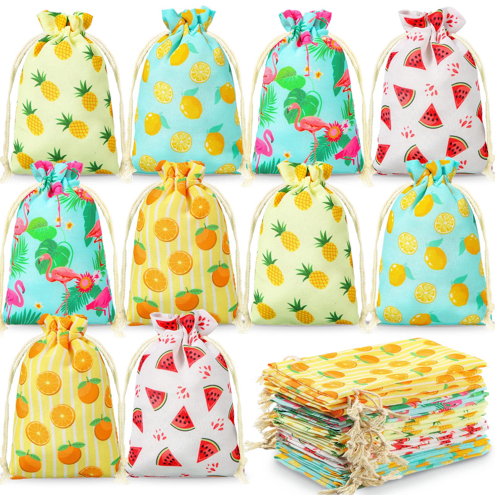 20 Pcs Hawaiian Luau Party Favor Bags - 4x6 Inch Drawstring Gift Bags for Candy, Jewelry & Treats | Tropical Pineapple & Summer Fruit Design | Perfect for Luau Parties, Birthdays, Weddings & Beach Themed Events