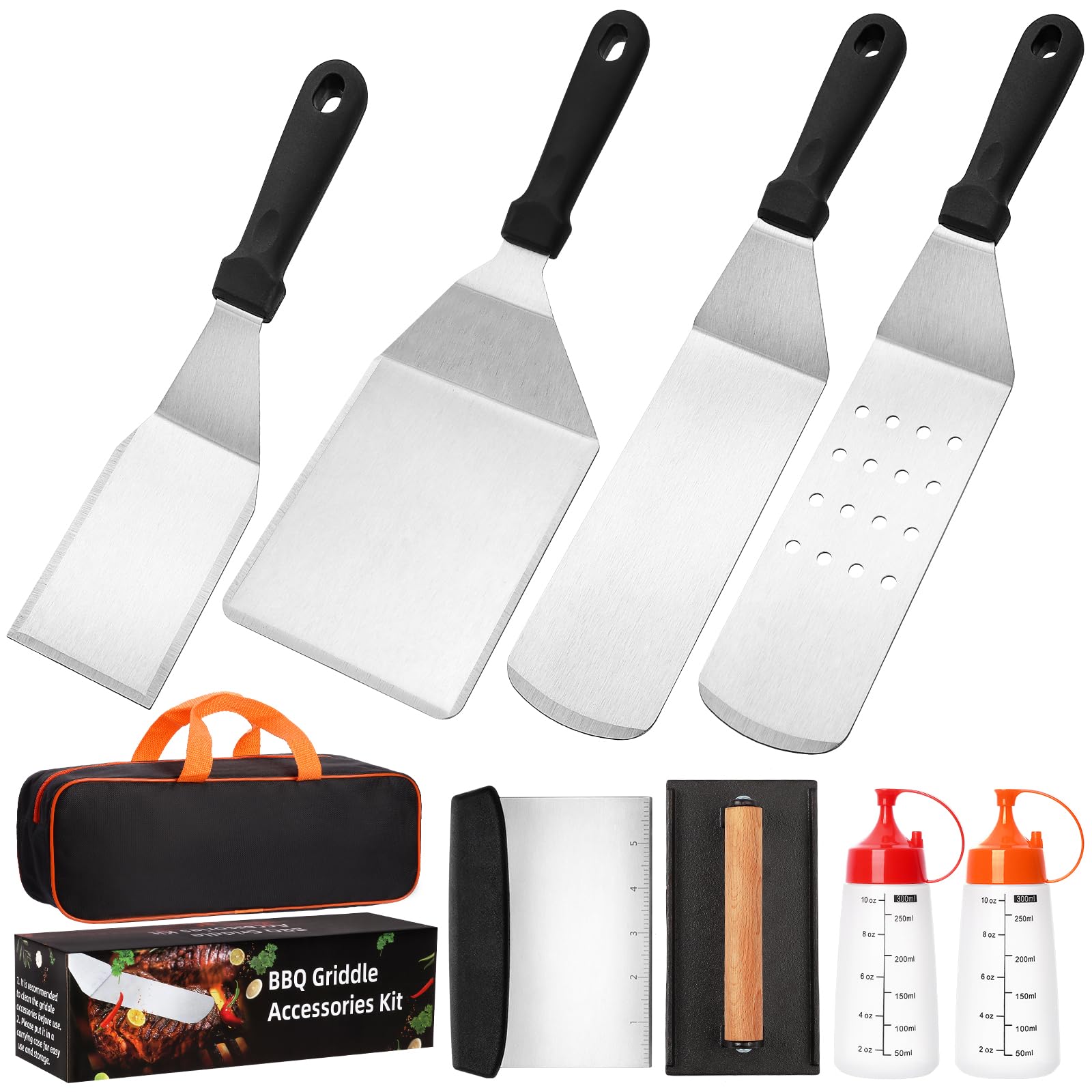 10PCS Griddle Accessories Kit - Flat Top Grill Tools Set with Smash Burger Press, Enlarged Spatulas & Scraper - Compatible with Blackstone & Camp Chef Grills - Perfect for Outdoor BBQ, Camping & Backyard Cooking