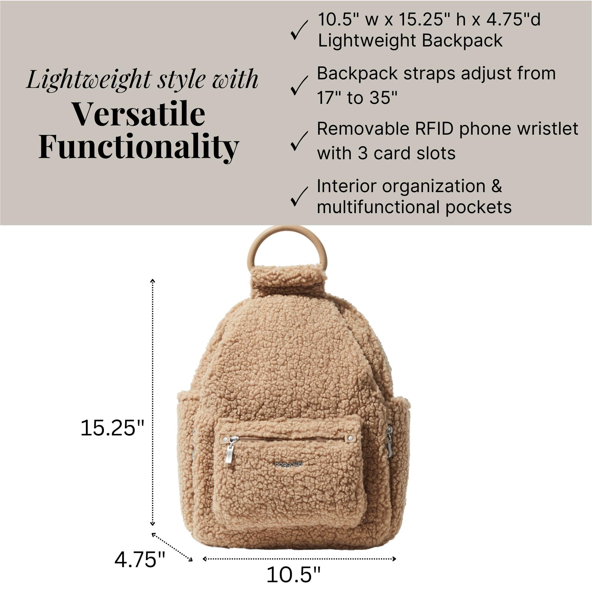 Baggallini Women's RFID Anti-Theft Backpack with Phone Wristlet - Lightweight Travel Backpack for Work, School & Commuting - Taupe Faux Shearling Daypack for Laptops & Essentials