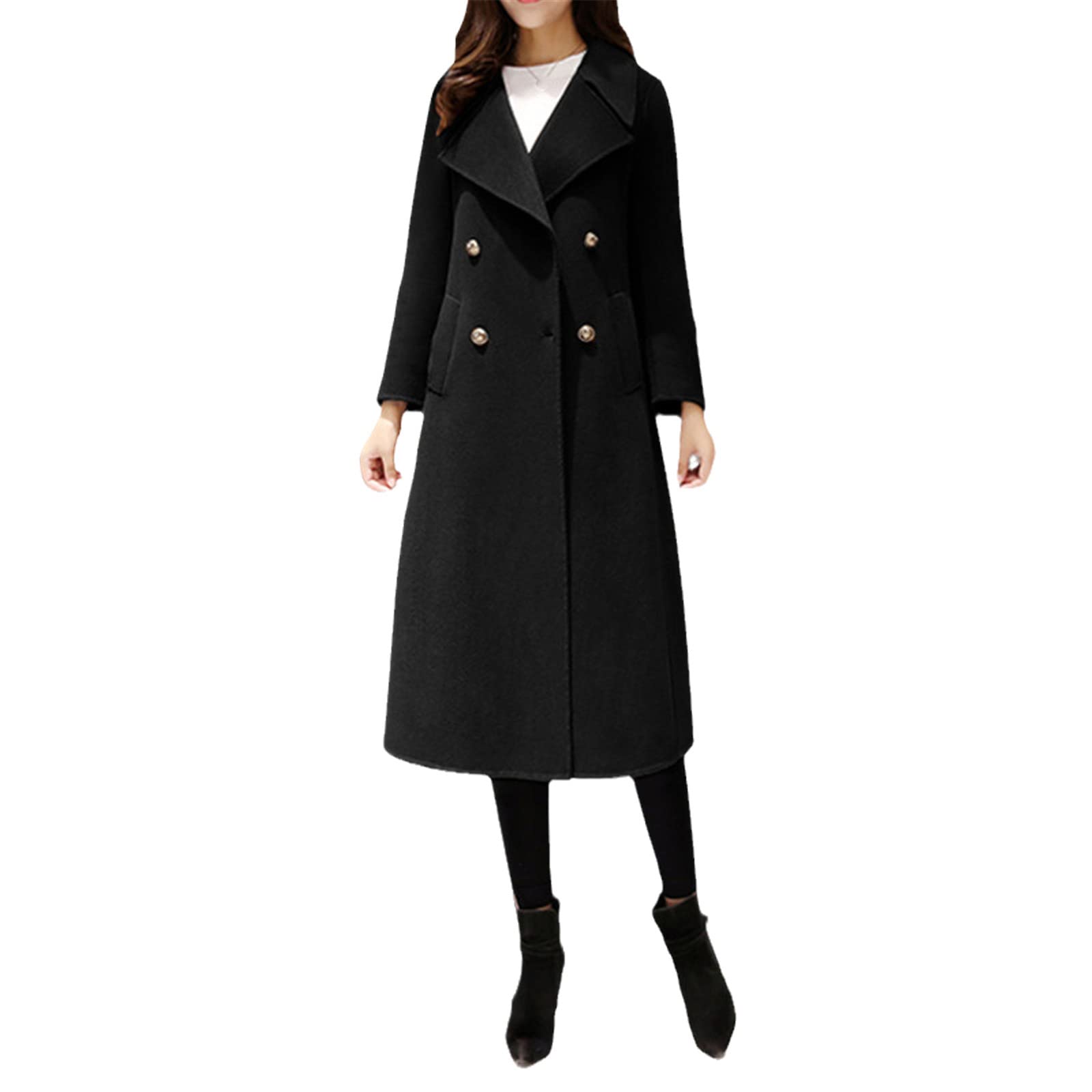 Women's Winter Wool Coat - Double-Breasted Long Jacket for Casual & Elegant Style - Plus Size Black Outerwear for Work, Dating & Holiday Events