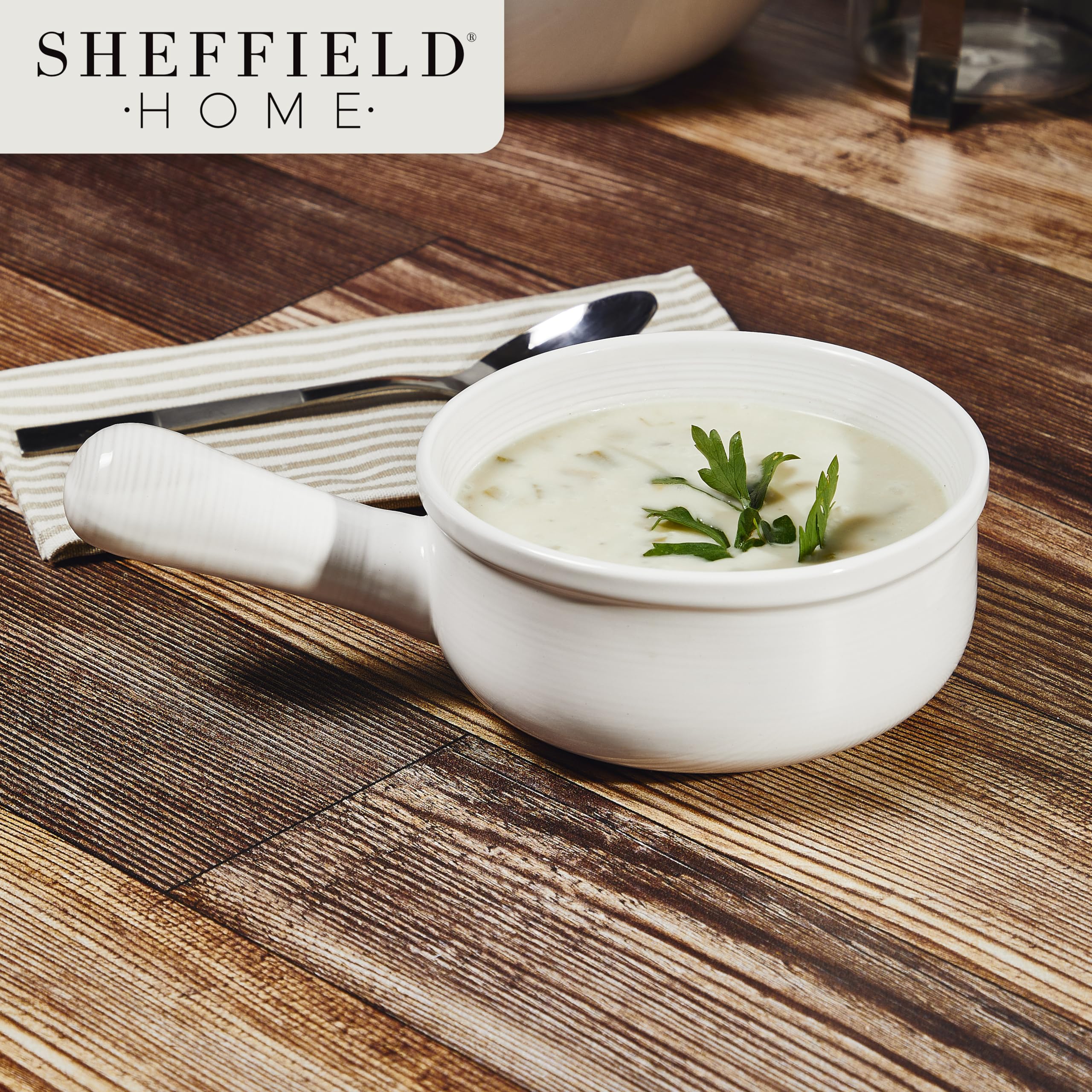 Sheffield Home French Onion Soup Crocks Set of 4 - 15oz Ceramic Bowls with Large Handles, Microwave, Oven & Dishwasher Safe - White - Perfect for French Onion Soup, Stews, Chili & Baking