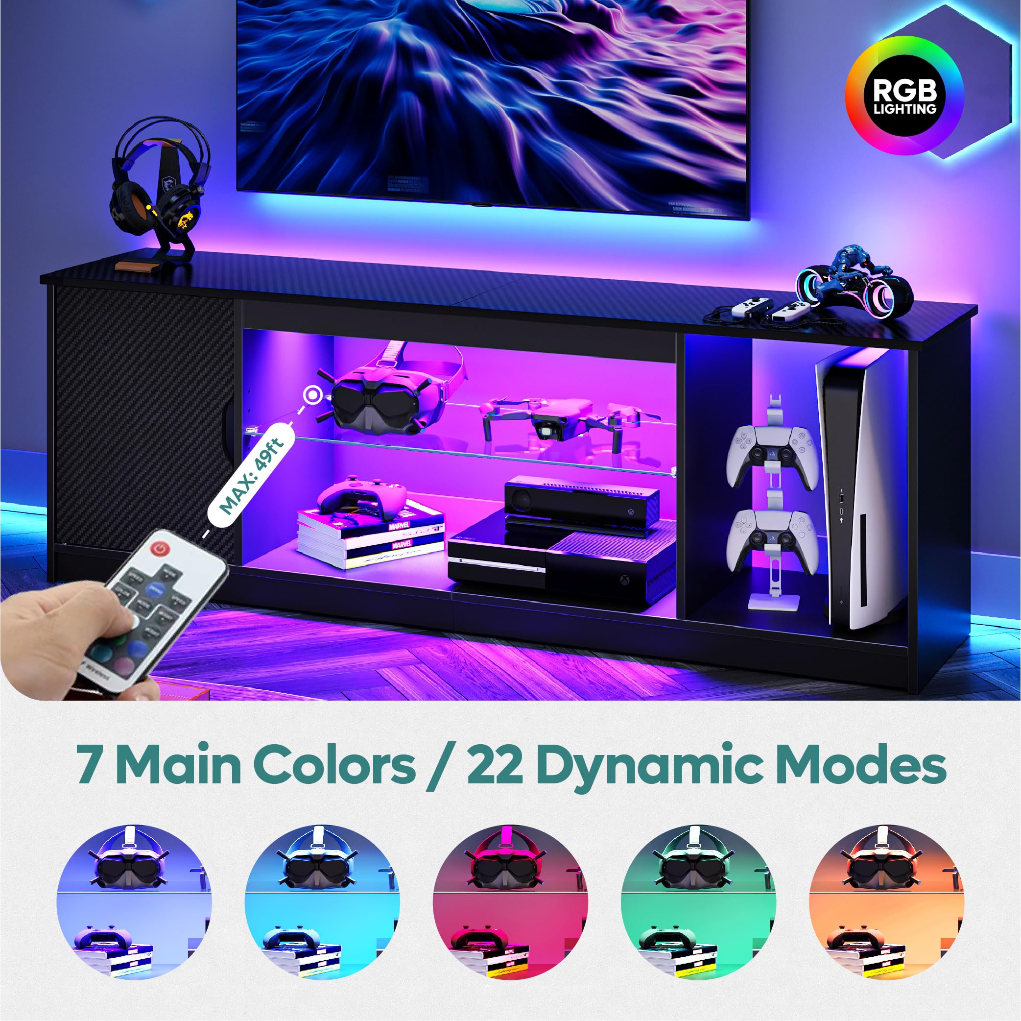 Bestier 57 Inch Modern LED TV Stand for 55/60/65 Inch TVs - Gaming Entertainment Center with Storage Cabinet for PS5, Xbox & Media Devices - Adjustable Glass Shelves TV Console for Living Room & Bedroom - Perfect for Home Theater Setup & Gaming Stations (Black)