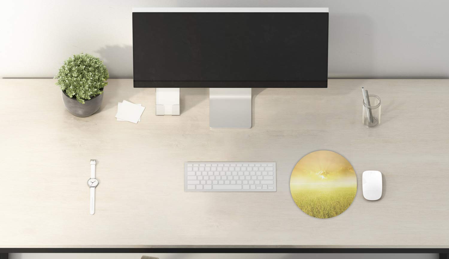 Ambesonne Round Non-Slip Gaming Mouse Pad - 8 Inch Thick Rubber Computer Mousepad with Yellow Beige Rice Field Sunset Countryside Design | Perfect for Office, Home & Gaming Setup