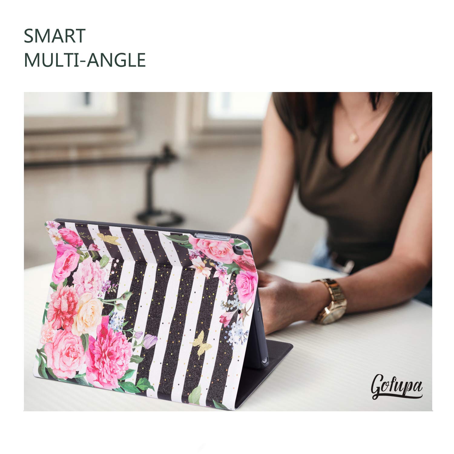 Premium Leather Folio Case for iPad Air 2 & iPad 6th/5th Gen (9.7 Inch) - Multi-Angle Stand, Black White Striped Flower Design - Perfect for Work, Travel & Home Use