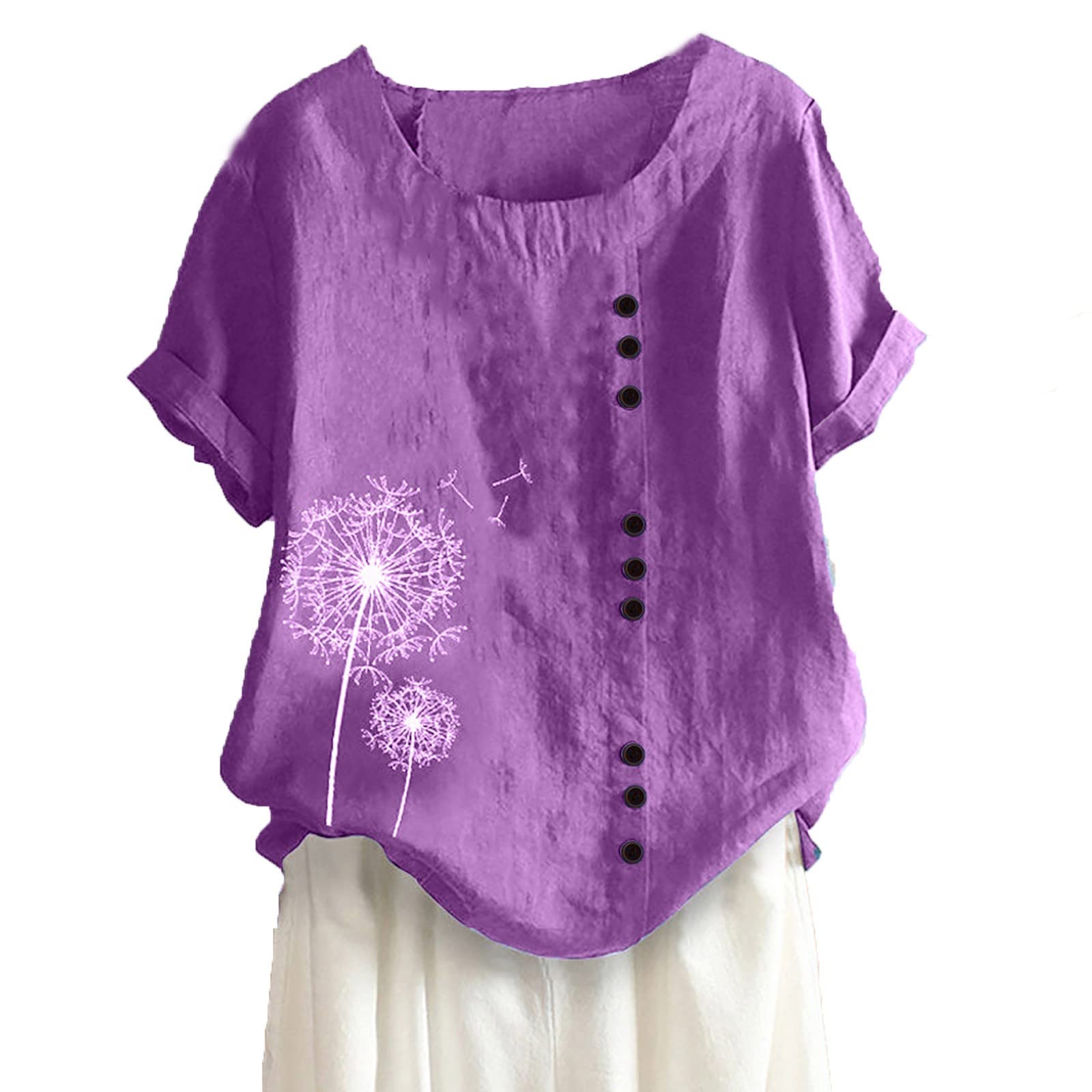 Women's Linen Shirts - Summer Short Sleeve Round Neck Oversized Floral Graphic Tee - Casual Loose Fit Top for Beach, Vacation & Everyday Wear