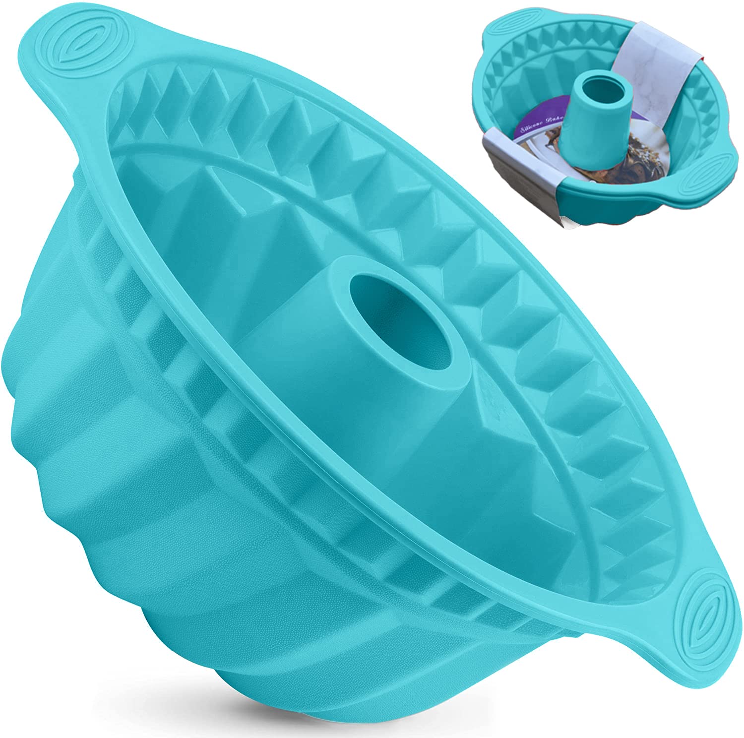 Kenond 2-Pack 9.5 Inch Non-Stick Silicone Fluted Cake Pans with Sturdy Handles - Premium Baking Molds for Cakes, Jello, Gelatin, Bread & Desserts (Blue) - Perfect for Home Baking, Party Treats & Holiday Dessert Preparation