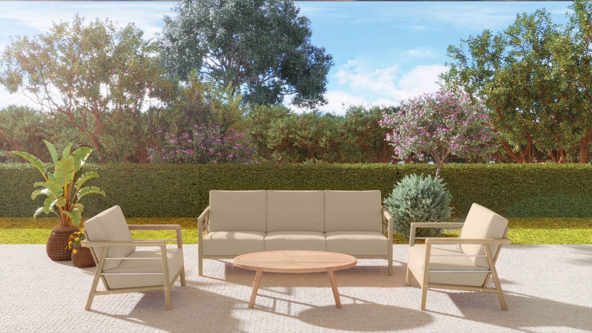 Premium Daniele 3-Person Teak Outdoor Sofa with Sunbrella Fawn Cushion - Waterproof Patio Furniture for Garden, Poolside & Backyard Relaxation