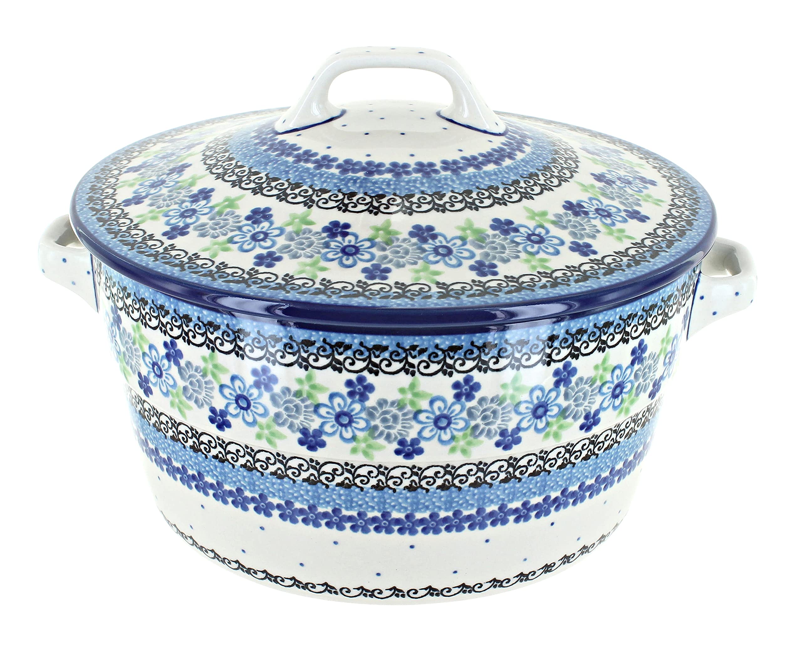 Blue Rose Polish Pottery Eliza Covered Round Baker - Handmade Ceramic Baking Dish with Lid for Casseroles, Bread & Desserts | Perfect for Oven, Microwave & Table Serving