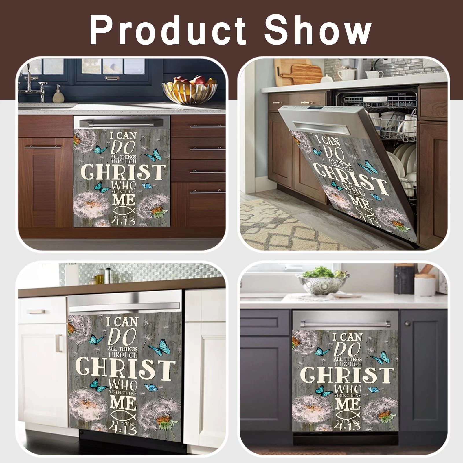Dandelion Flower Dishwasher Magnet Cover - Christian Verse Decal with 'I Can Do All Things Through Christ' Design - Butterfly Fridge Sticker for Appliances (23
