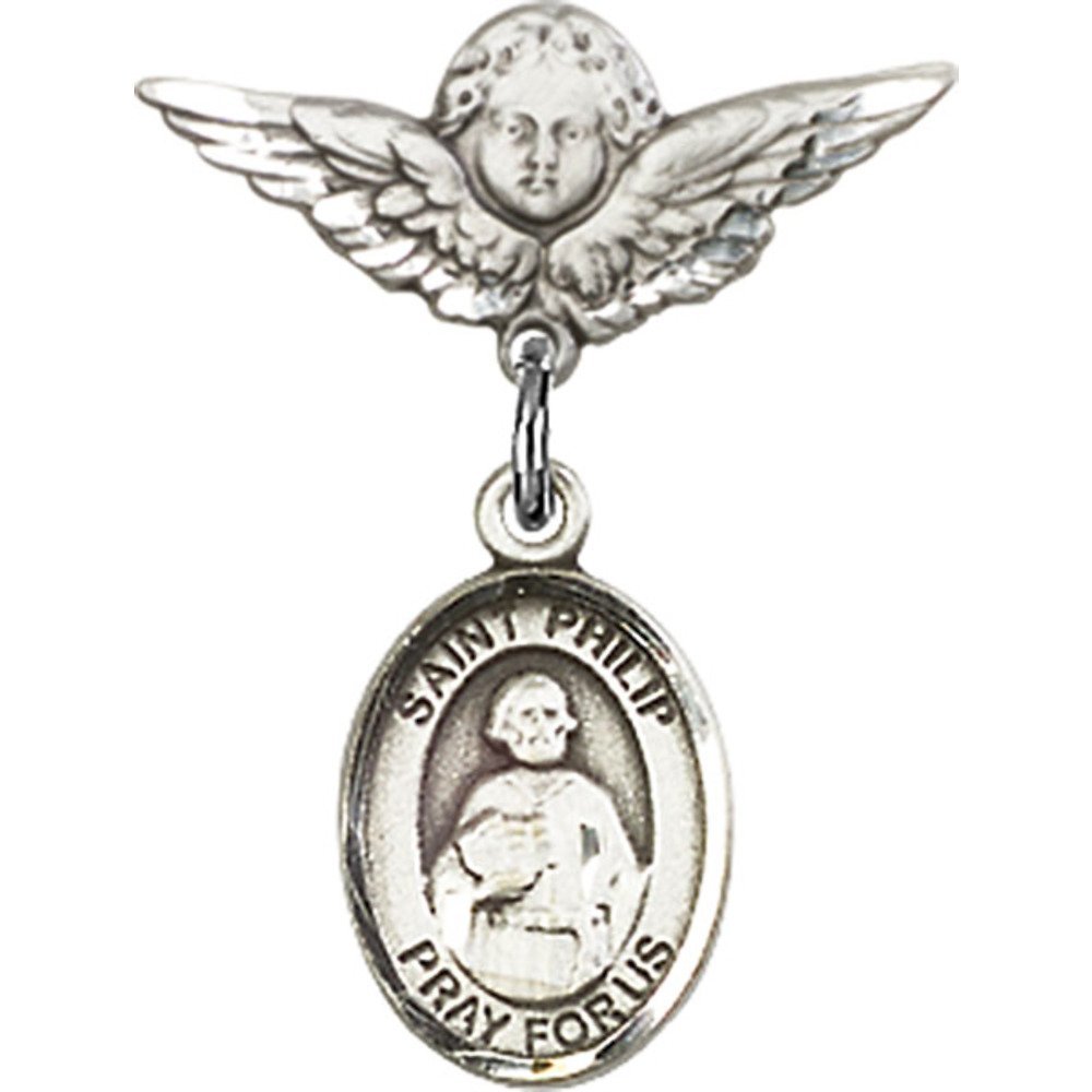 St. Philip The Apostle Sterling Silver Baby Badge with Angel Wing Charm - 7/8 X 3/4 Inch Religious Pin for Christening, Baptism & First Communion Gifts
