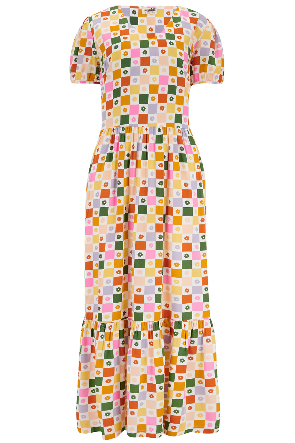 Belinda V Neck Maxi Smock Dress - Floral Checkerboard Print Women's Summer Dress for Beach, Vacation & Casual Wear