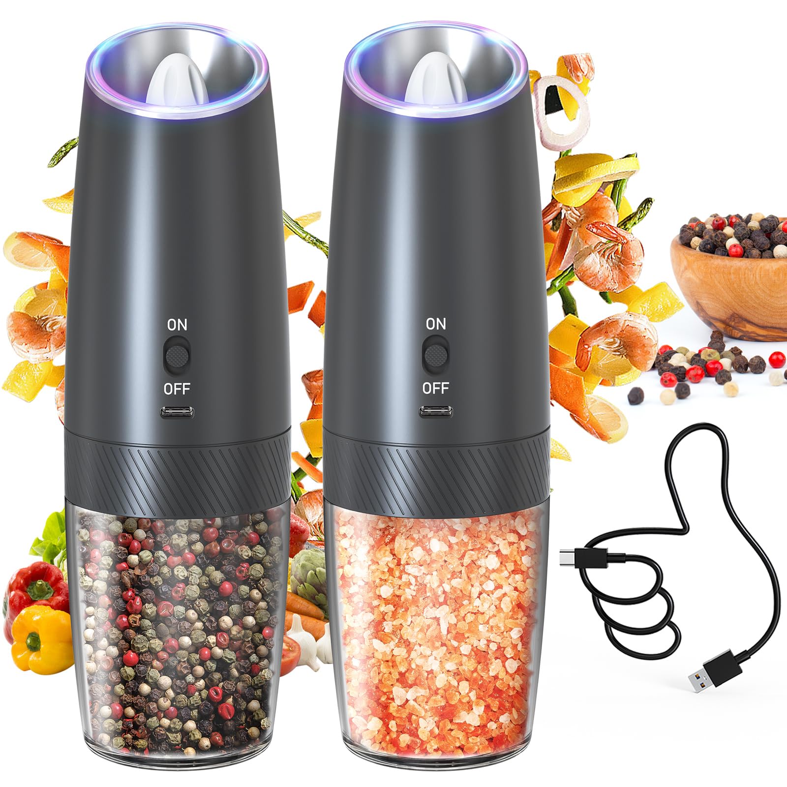 **Circle Joy Rechargeable Electric Salt and Pepper Grinder Set with LED Light – Adjustable Coarseness, No Batteries Needed, 135ml Washable Container (Black) – Perfect for Kitchen, Dining, and Outdoor BBQ**