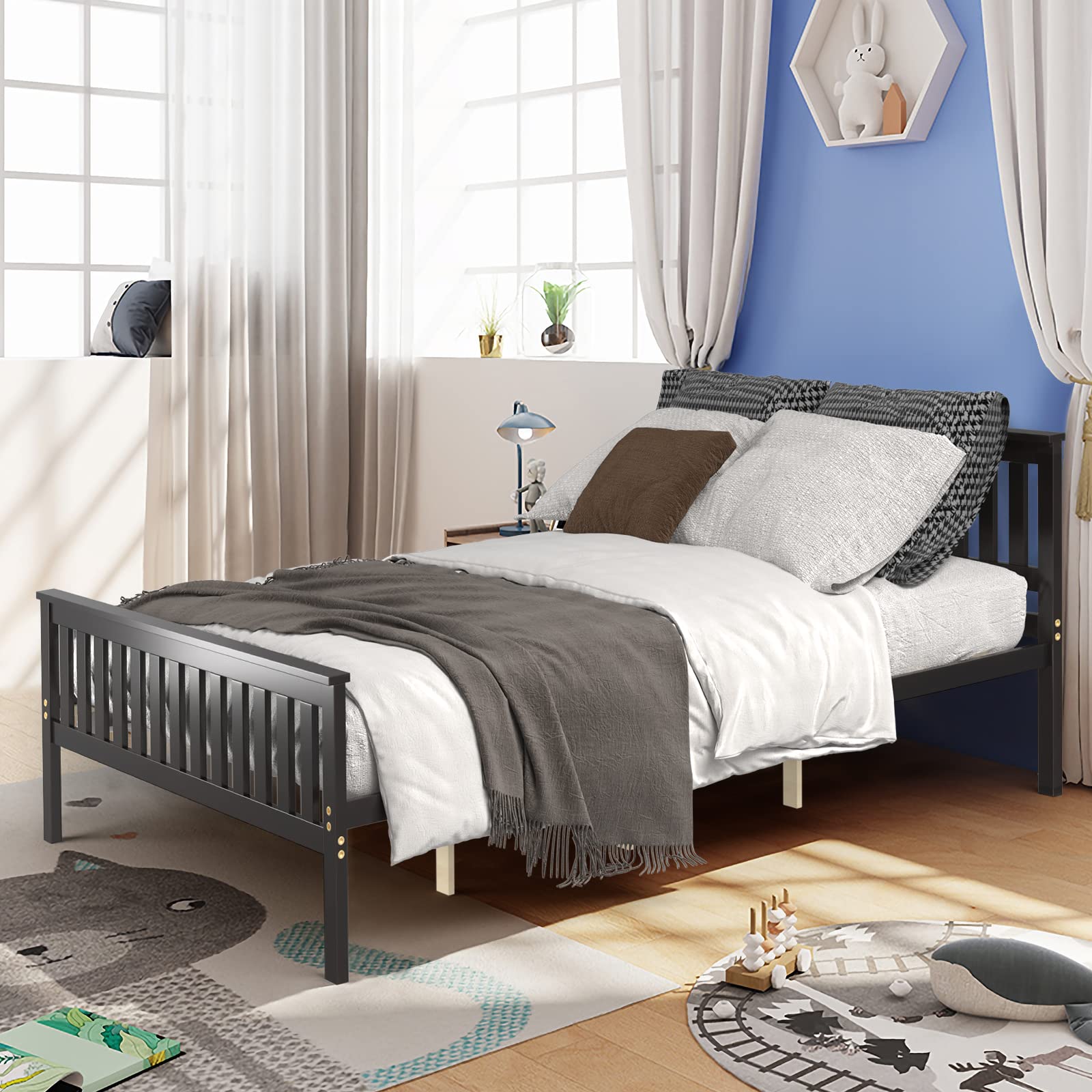KOMFOTT Solid Wood Queen Bed Frame with Headboard & Footboard - 8-Slat Platform Mattress Foundation, 12