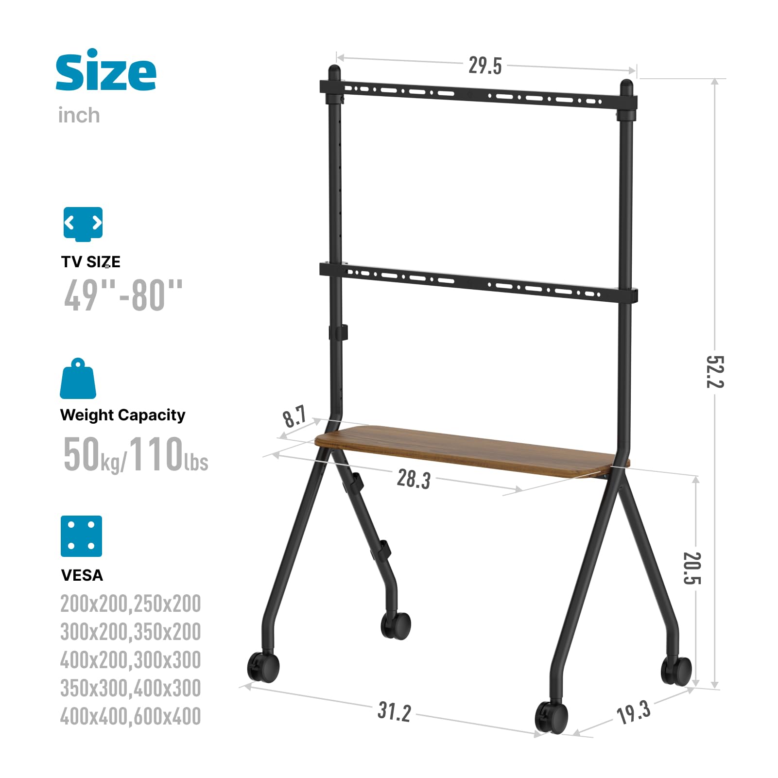 Heavy Duty Rolling TV Stand for 49-80 Inch TVs up to 110 lbs - Mobile TV Cart with Wheels for Business, Office, School & Home Use - Black | Perfect for Presentations, Classrooms & Living Rooms