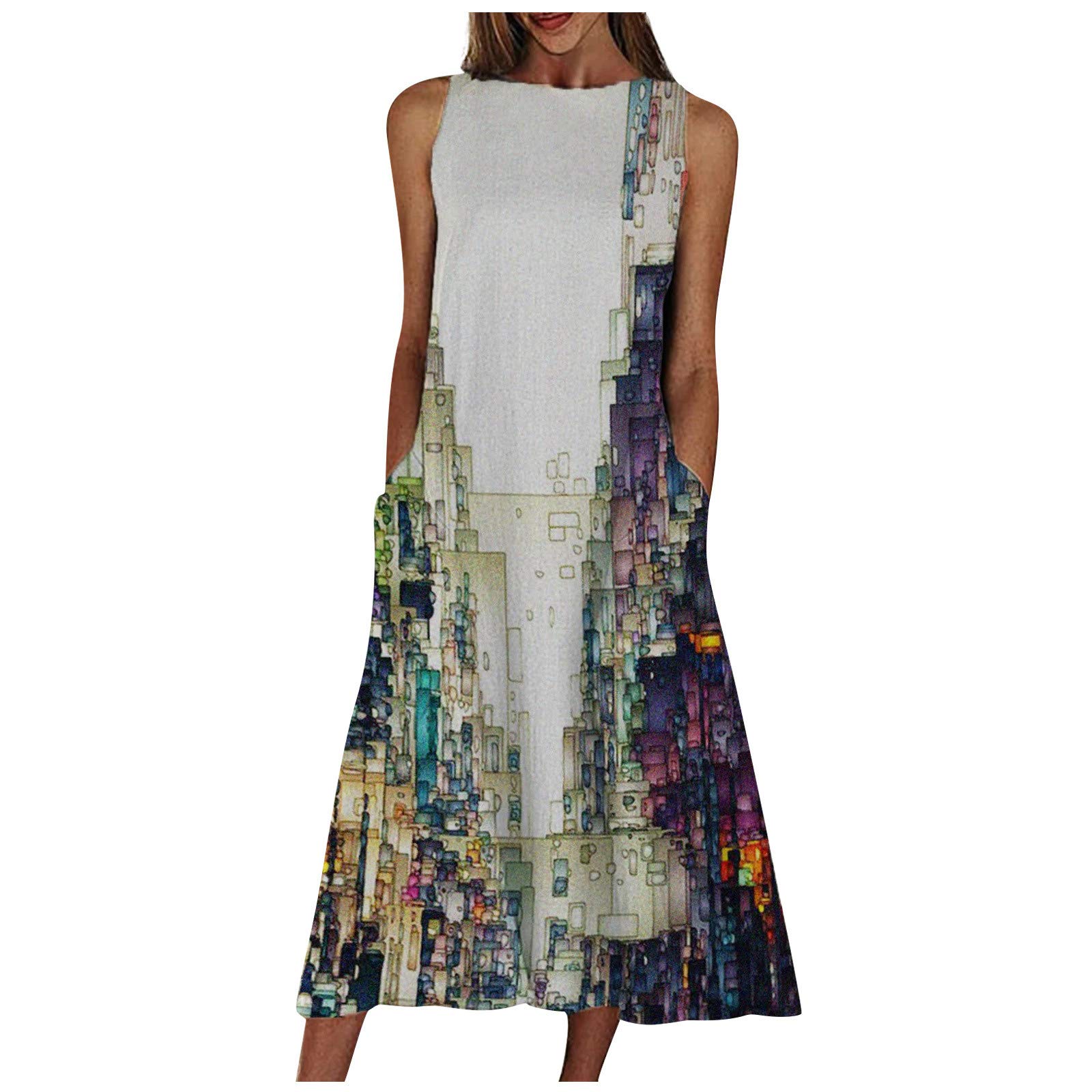 Women's Summer Dress 2024 - Casual V-Neck Sleeveless Floral Midi Dress with Pockets | Beach Holiday, Party & Vacation Wear | Lightweight Sundress for Outdoor Activities, Travel & Summer Outfits