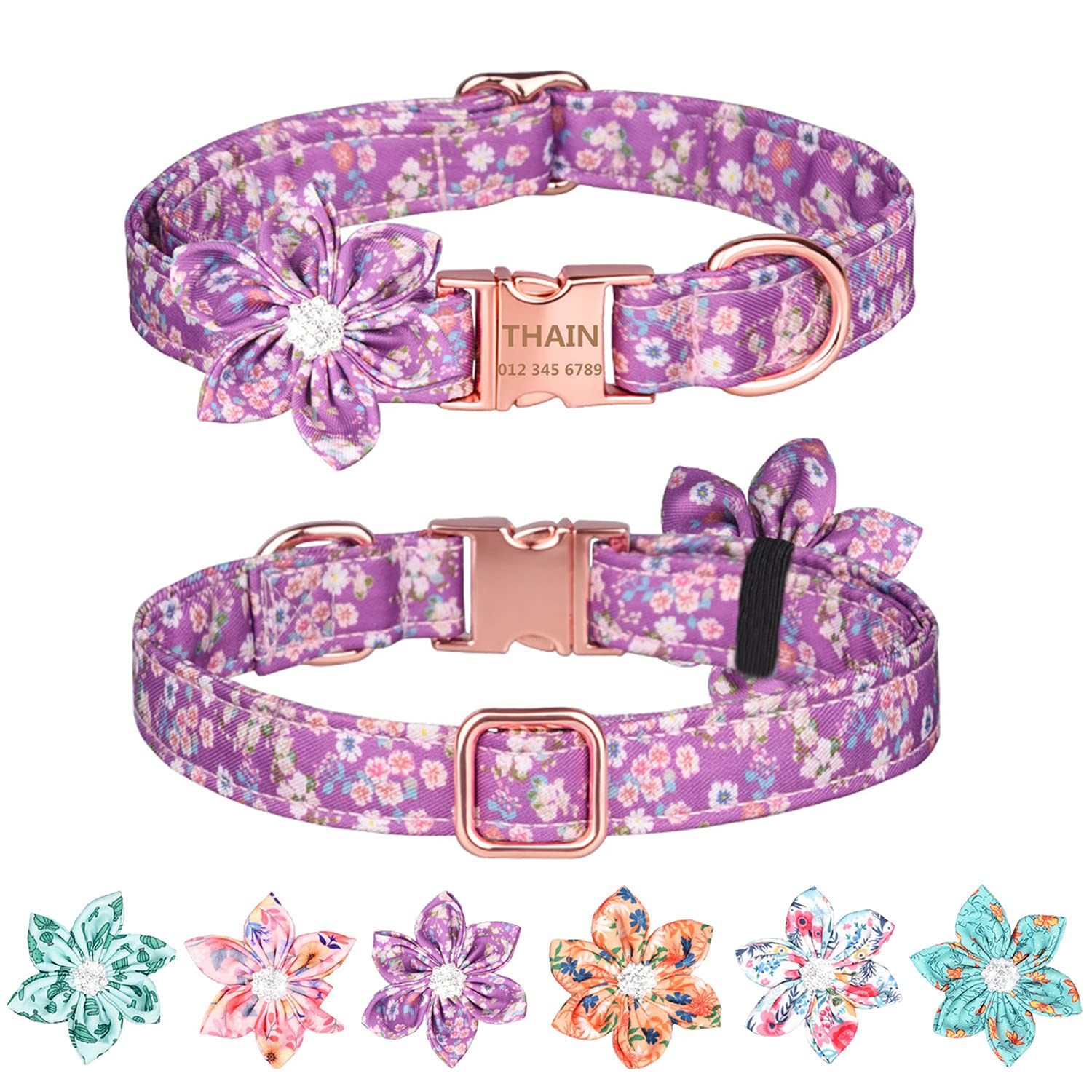 THAIN Personalized Floral Dog Collar for Female Dogs - Custom Engraved Pet Collar with Name, Rose Gold Buckle (Size S: 10.2-16.5