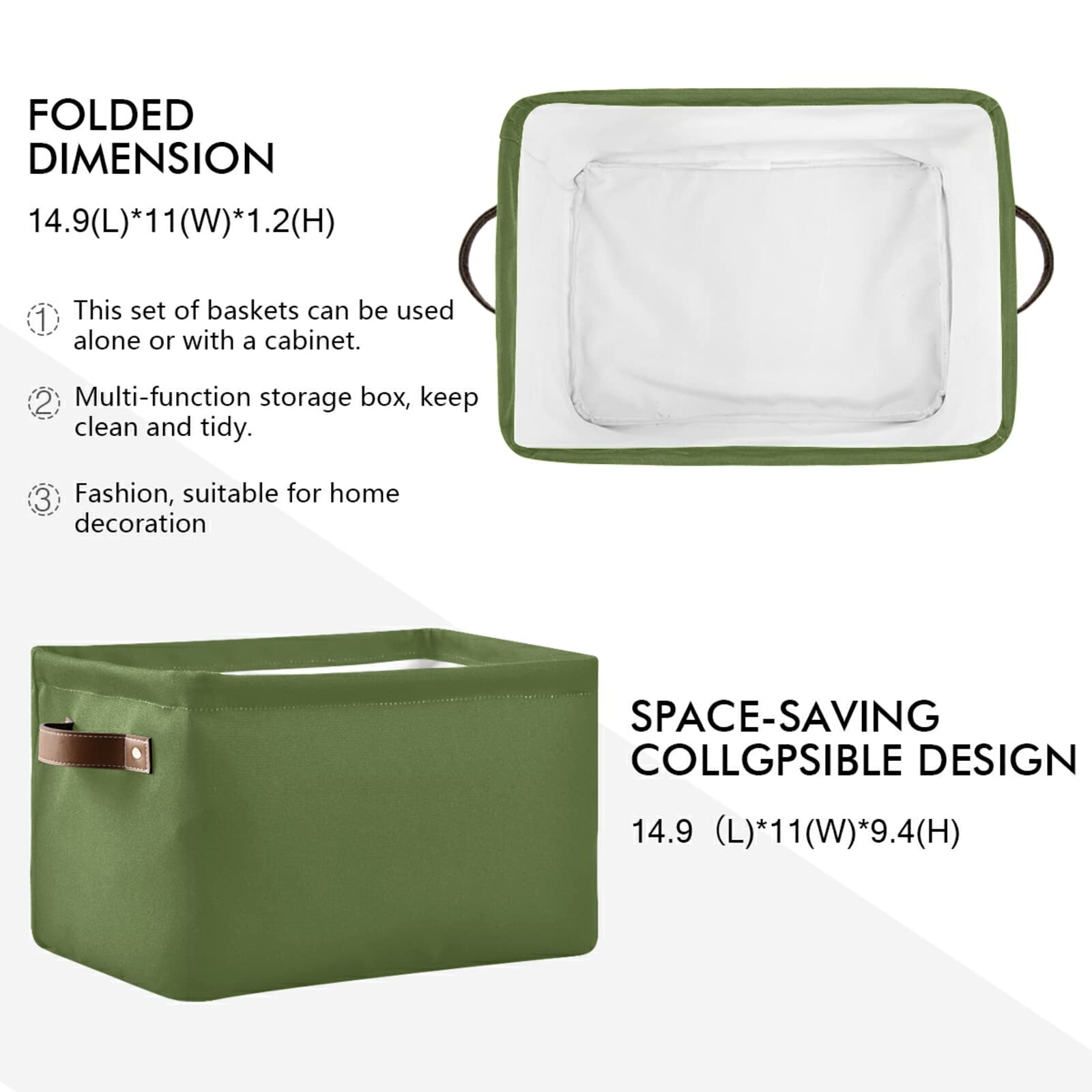 Dark Olive Green Collapsible Storage Baskets with Handles - 2 Pack Large Fabric Storage Bins for Shelves, Closet, Bedroom & Living Room Organization | Space-Saving Home Decor Solution