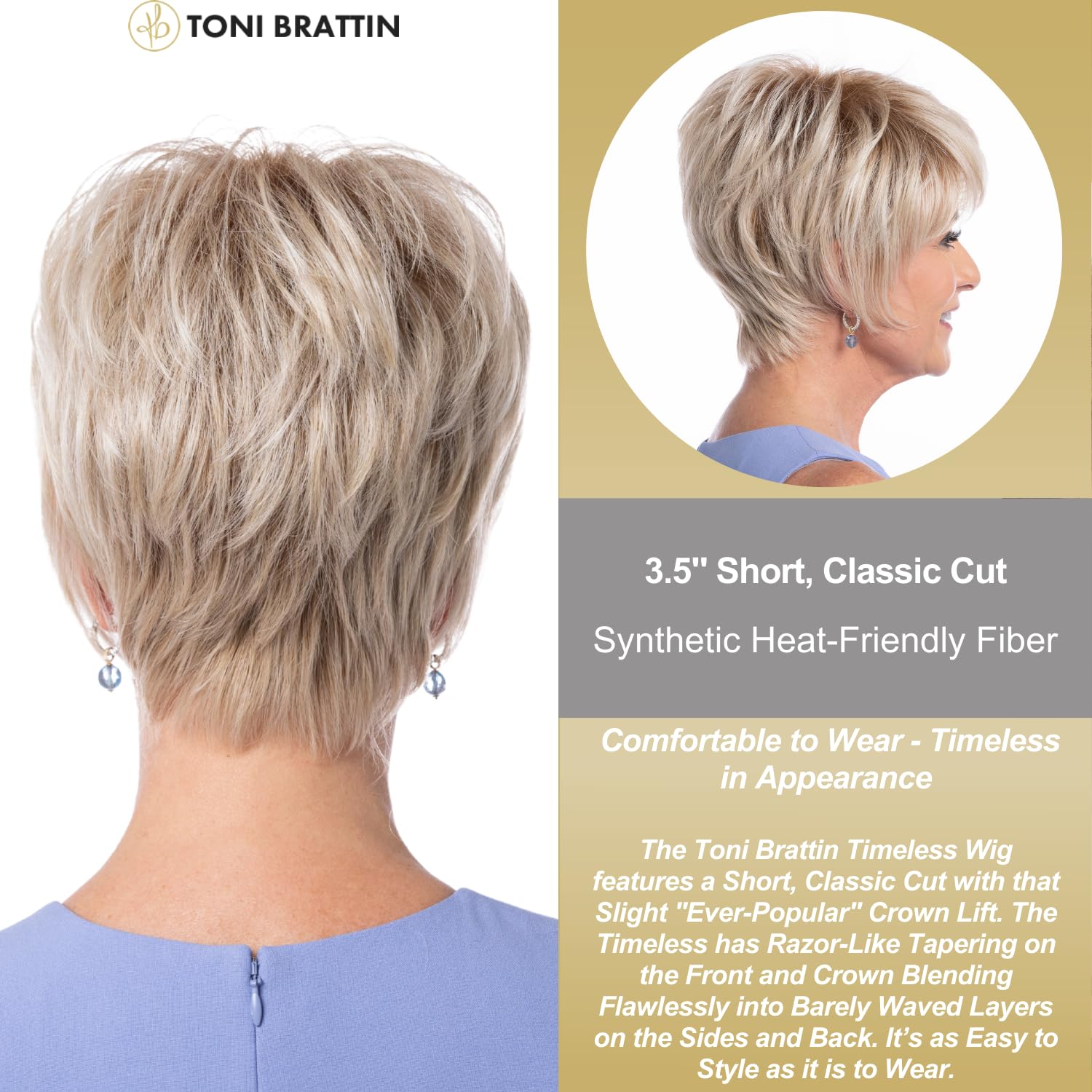 Toni Brattin Timeless Short Wig - Classic Cut with Crown Lift & Razor Tapering - Heat-Friendly Synthetic Hair Looks Natural - Adjustable Comfort Fit (Light Blonde) for Everyday Wear, Work & Special Occasions