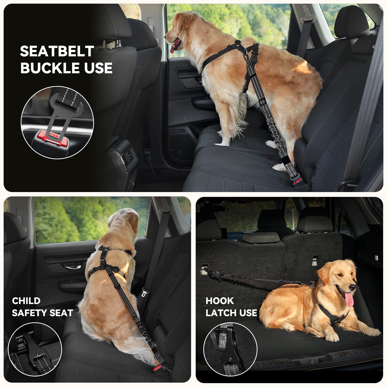 Pawaboo 2-Pack Dog Seat Belt for Cars - Adjustable 3-in-1 Pet Car Safety Harness with Shockproof Bungee, Reflective Leash & 360° Lockable Buckle - Perfect for Road Trips, Daily Commutes & Travel with Your Dog (Black)